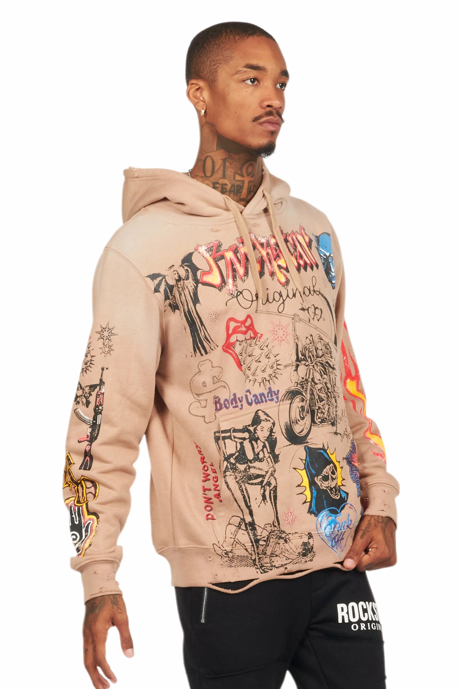 Shoota Beige Distressed Graphic Hoodie
