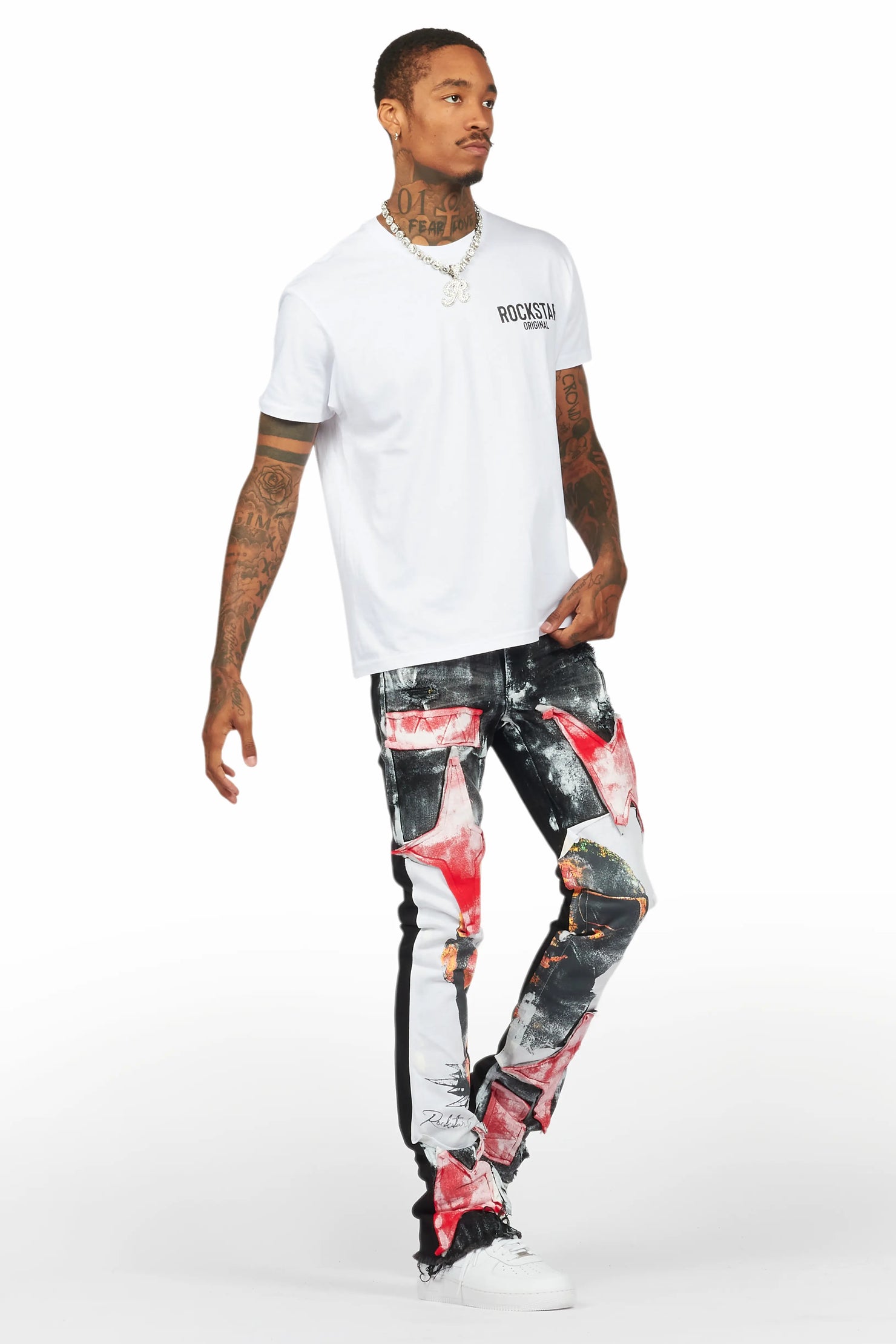 Savier Black/White Roller Paint Stacked Flare Jean