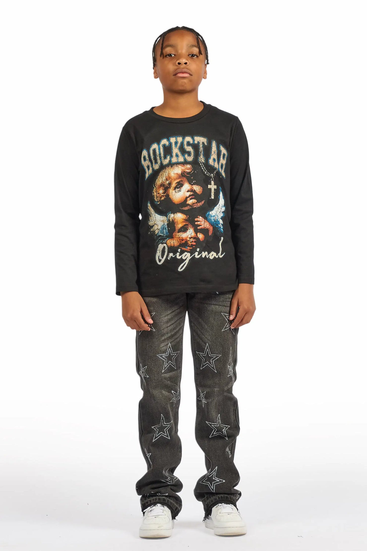 Boys Kama Dark Grey Rhinestone Stacked Flare Jean