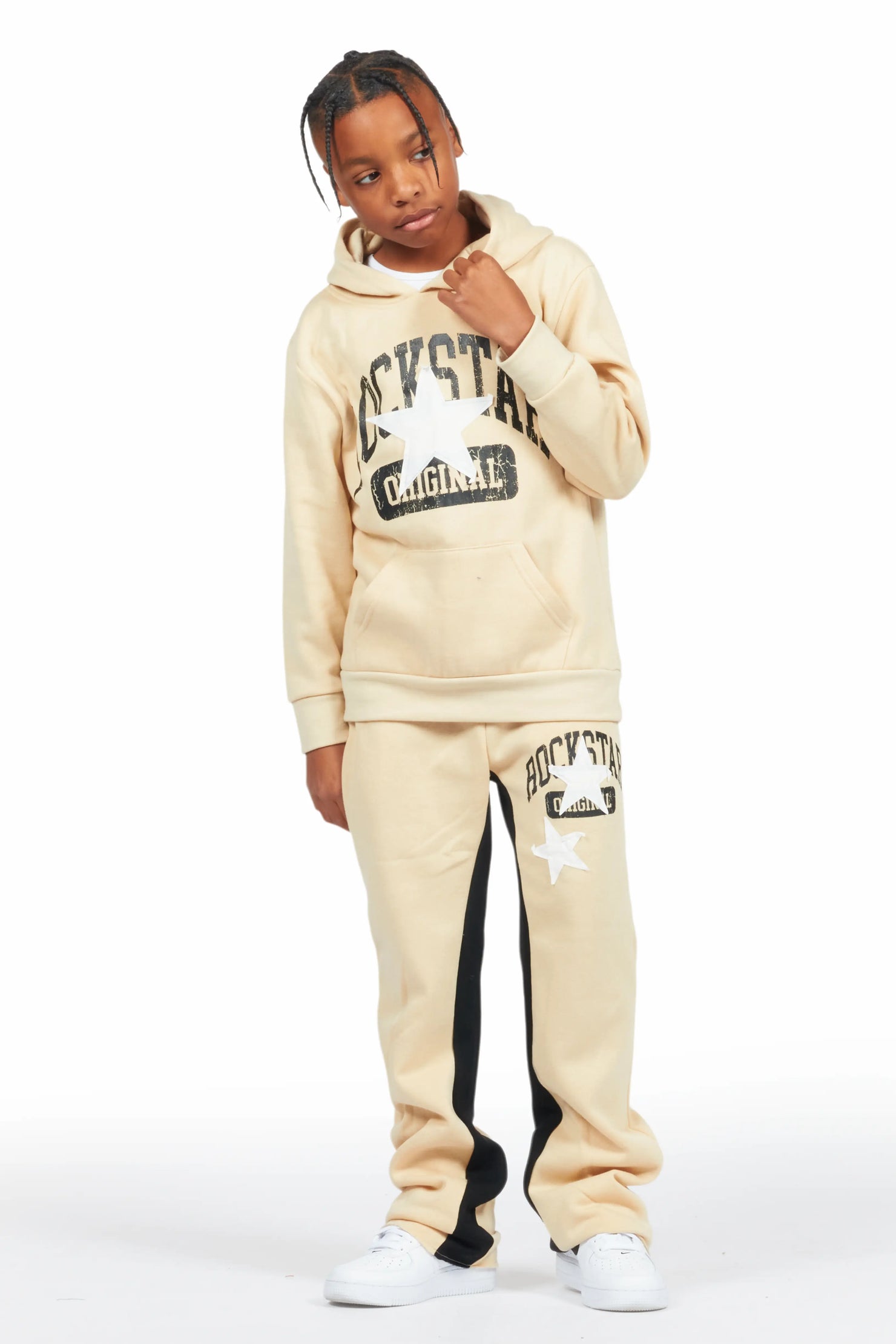 Boys Mallor Beige/White Baggy Stacked Hoodie Track Set