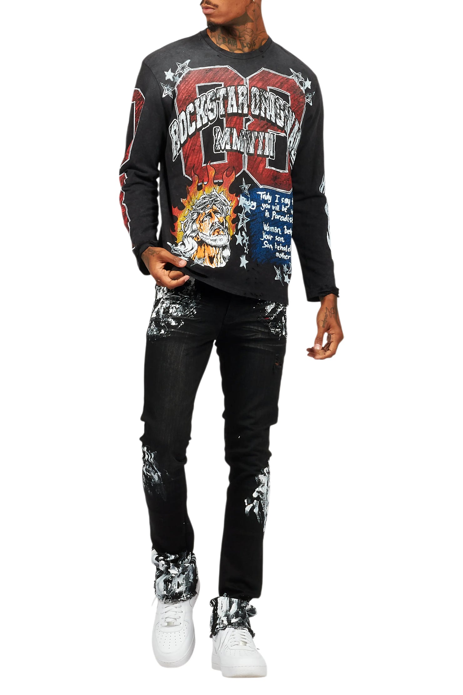 Jesus Crayon Vintage Black Long Sleeve Graphic T-Shirt