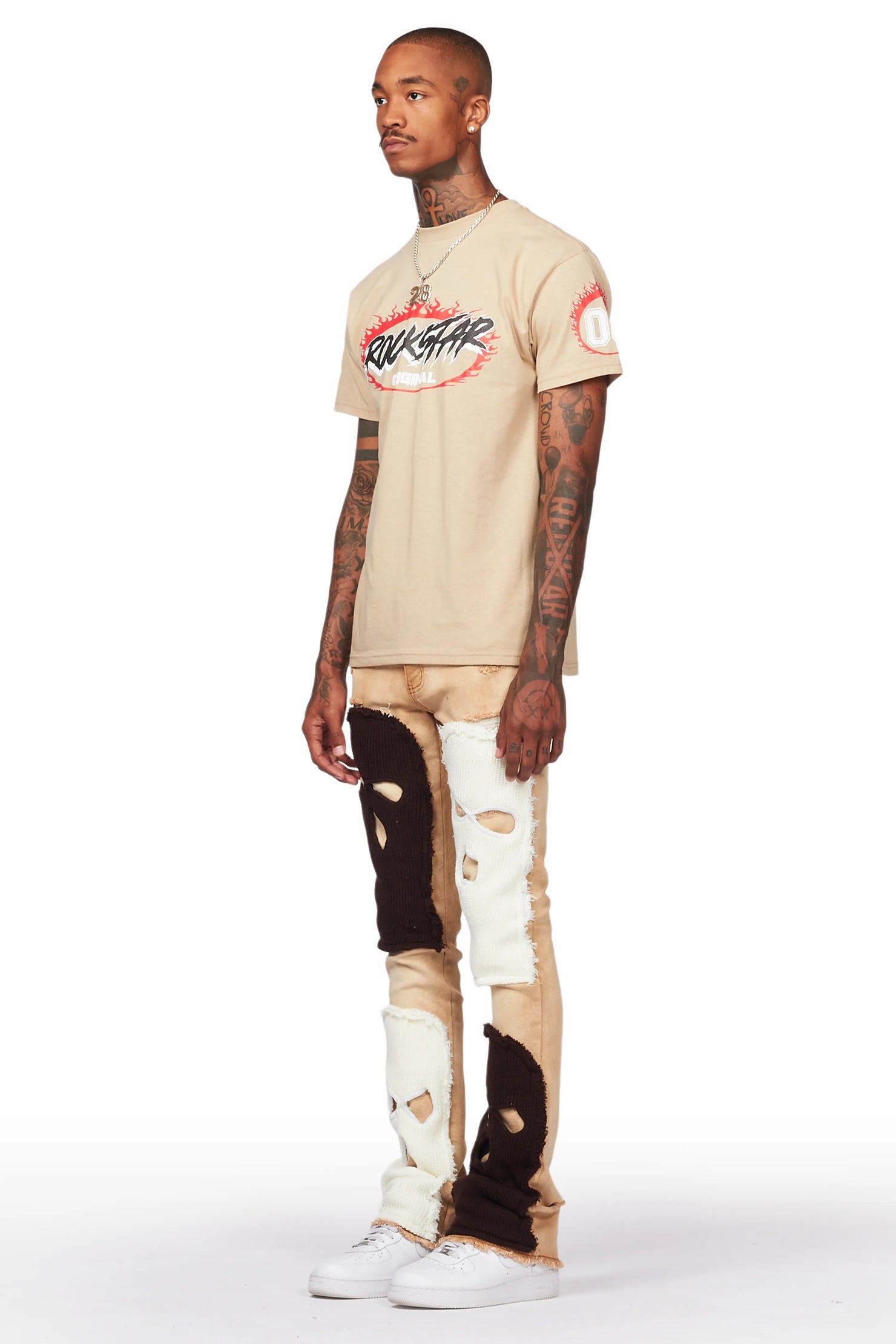 Destry Tan Patchwork Stacked Flare Jean