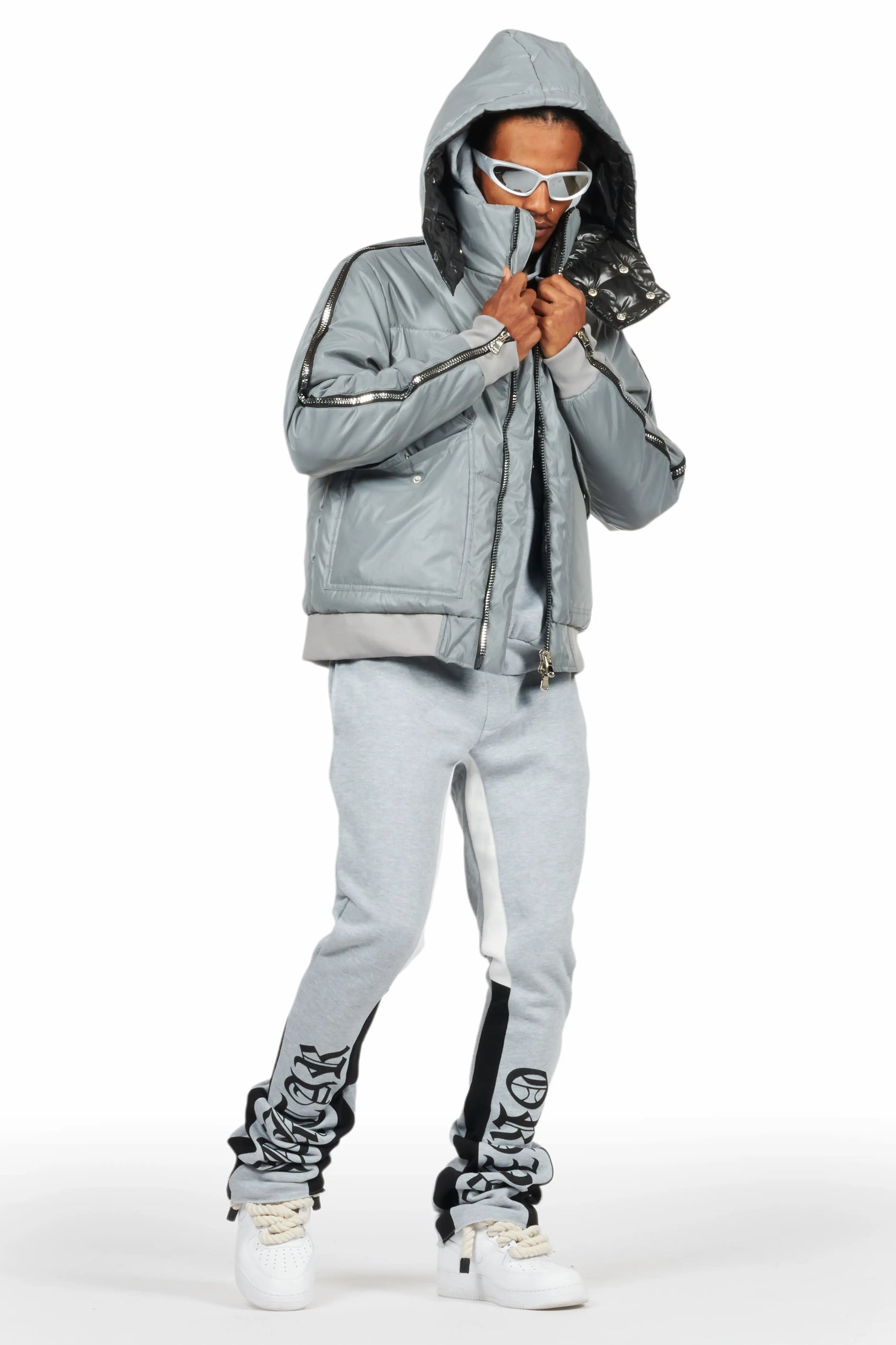 Alonzo Heather Grey Stacked Flare Hoodie Track Set