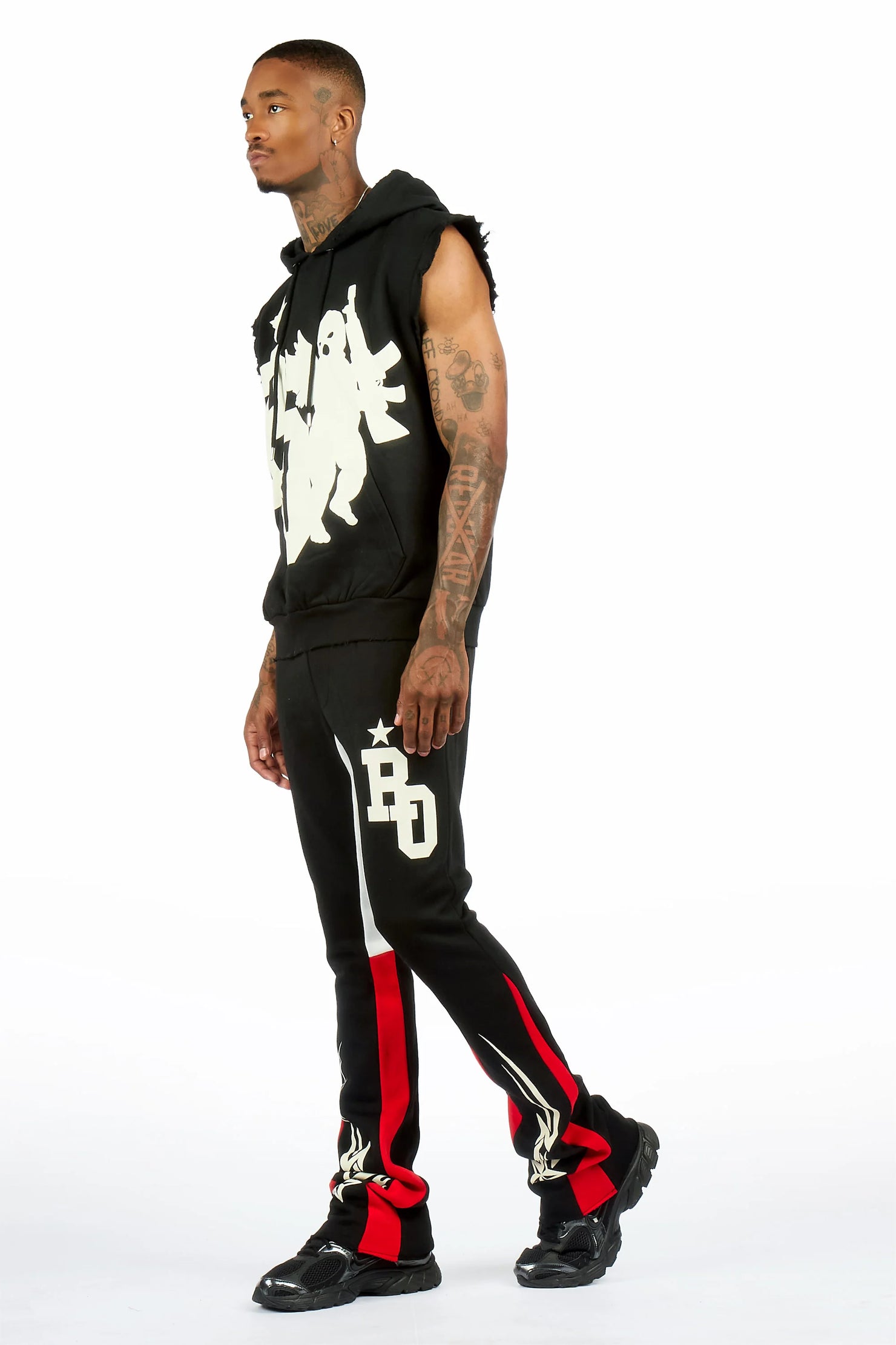 Pluton Black/Red Cut Sleeve Hoodie/Stacked Flare Track Set
