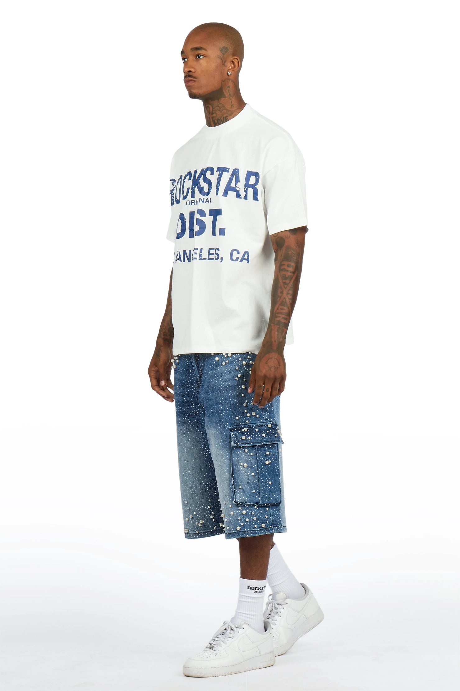Sevyn White/Blue Rhinestone T-Shirt Denim Jort Set