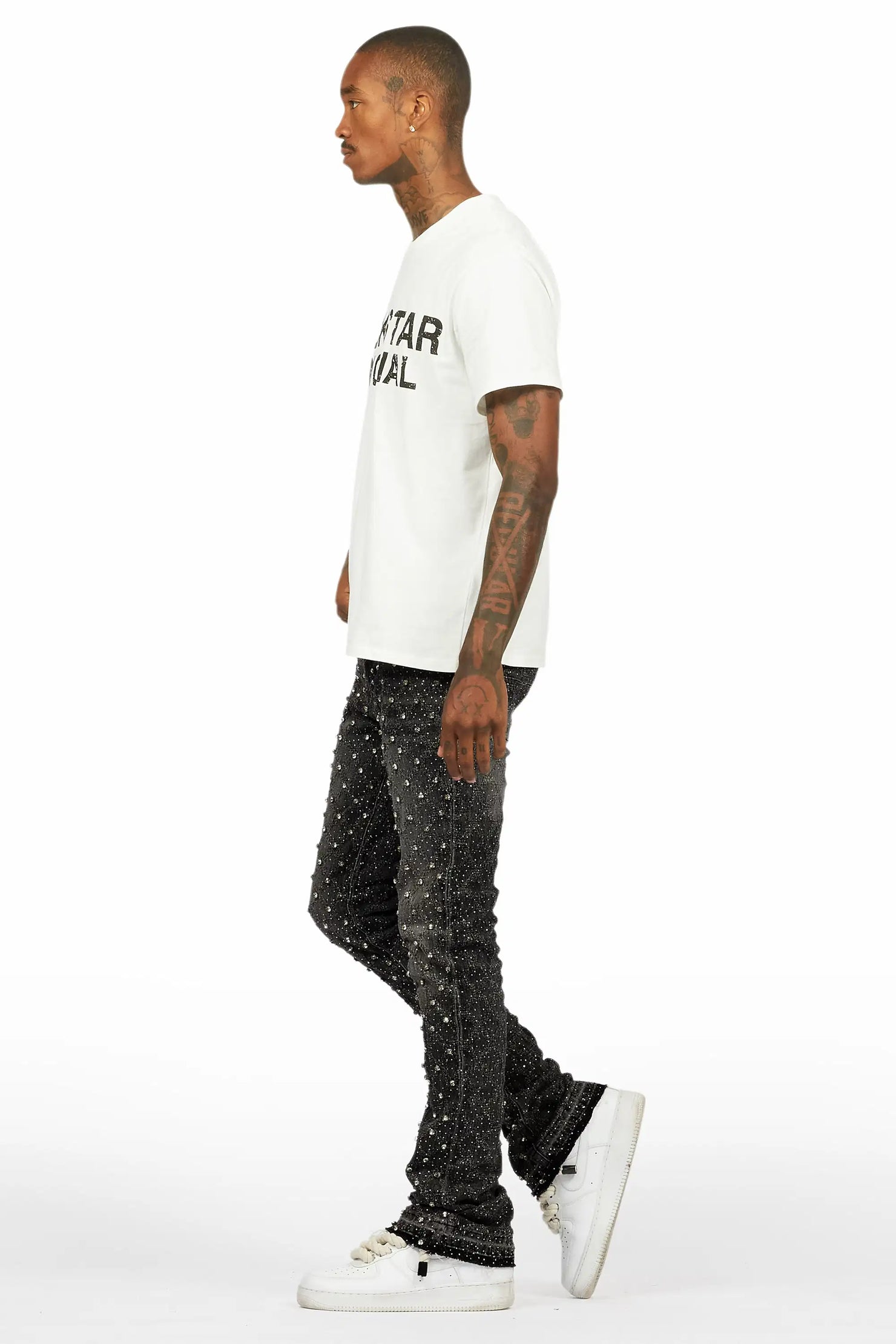 Glit Dark Grey Rhinestone Stacked Flare Jean