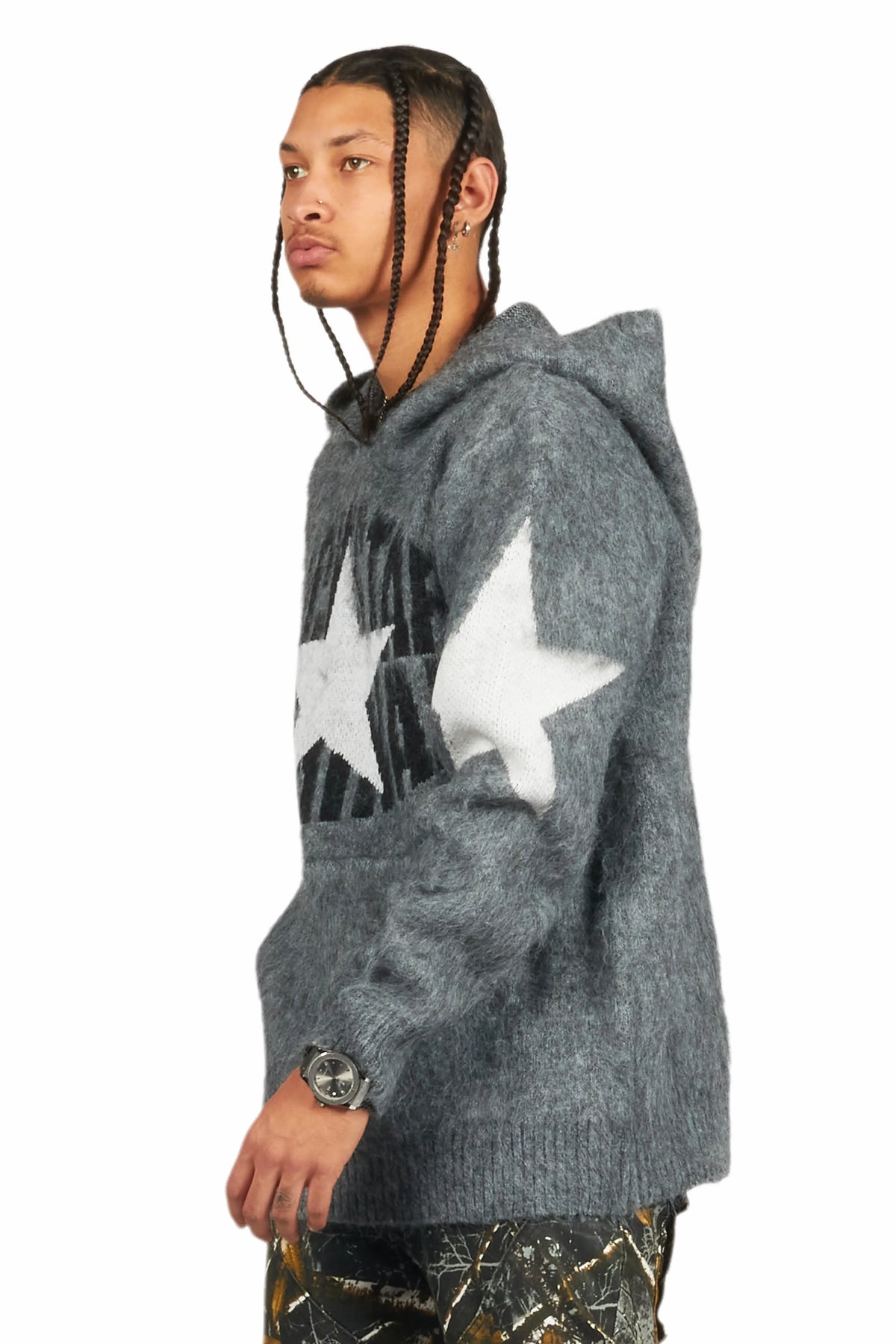 States Grey Graphic Knitted Hoodie