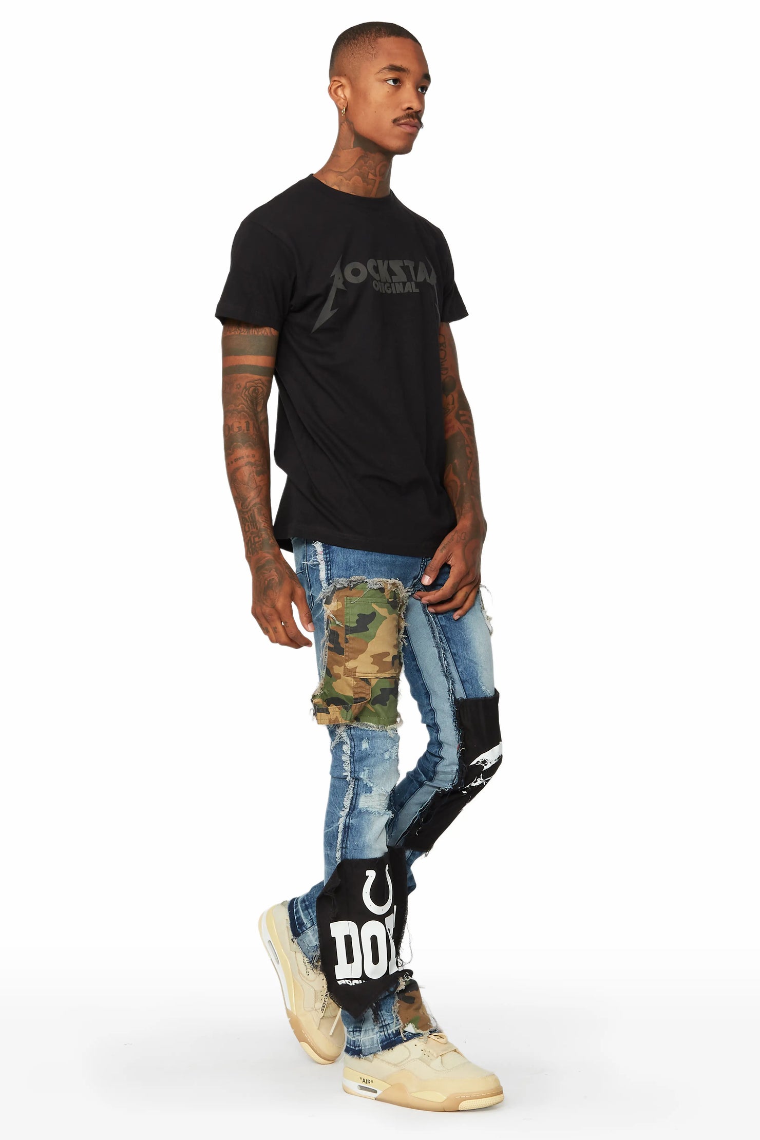 Hugo Blue/Camo Stacked Patchwork Flare Jean