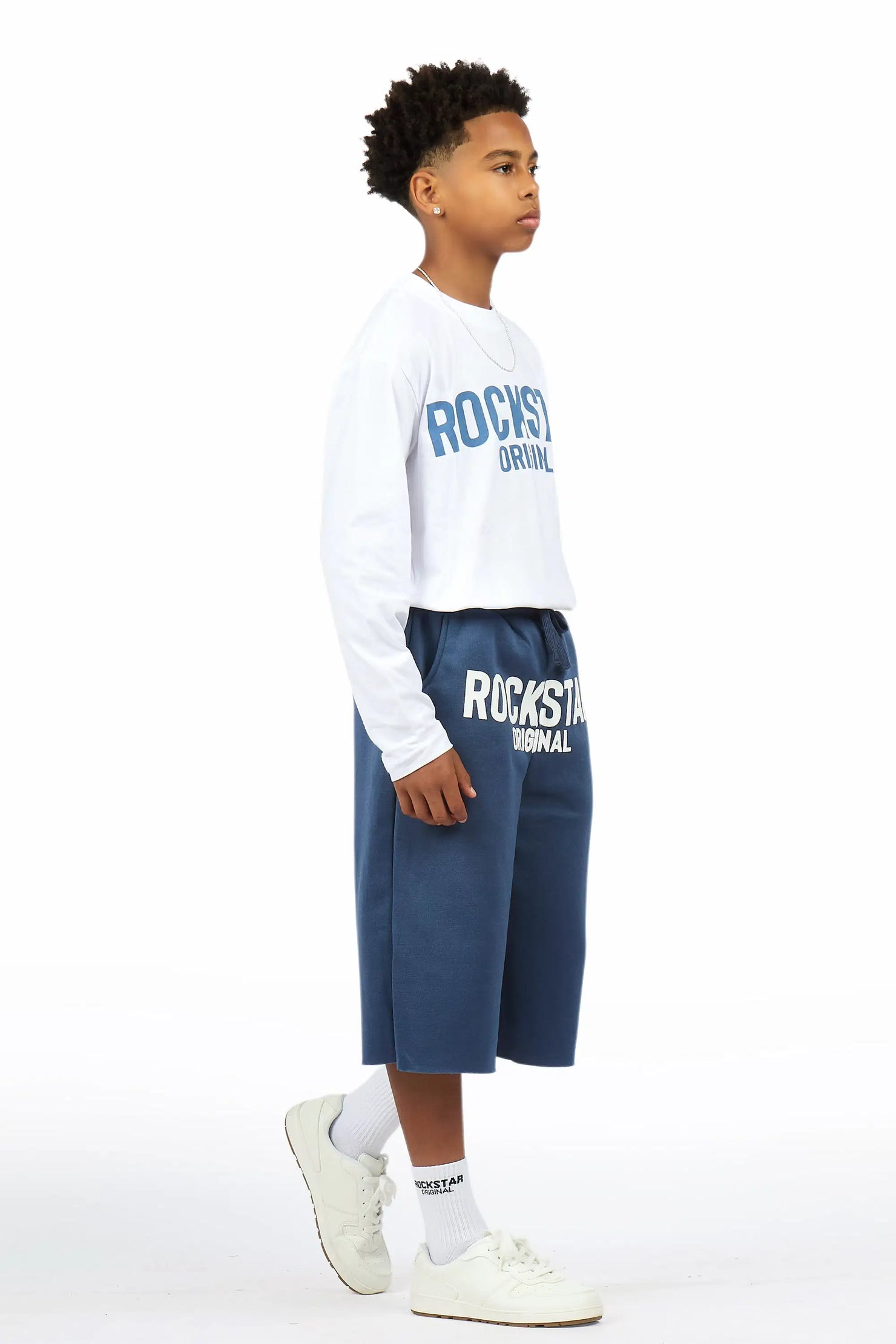 Boys Mikasso White/Navy L/S T-Shirt Jort Set