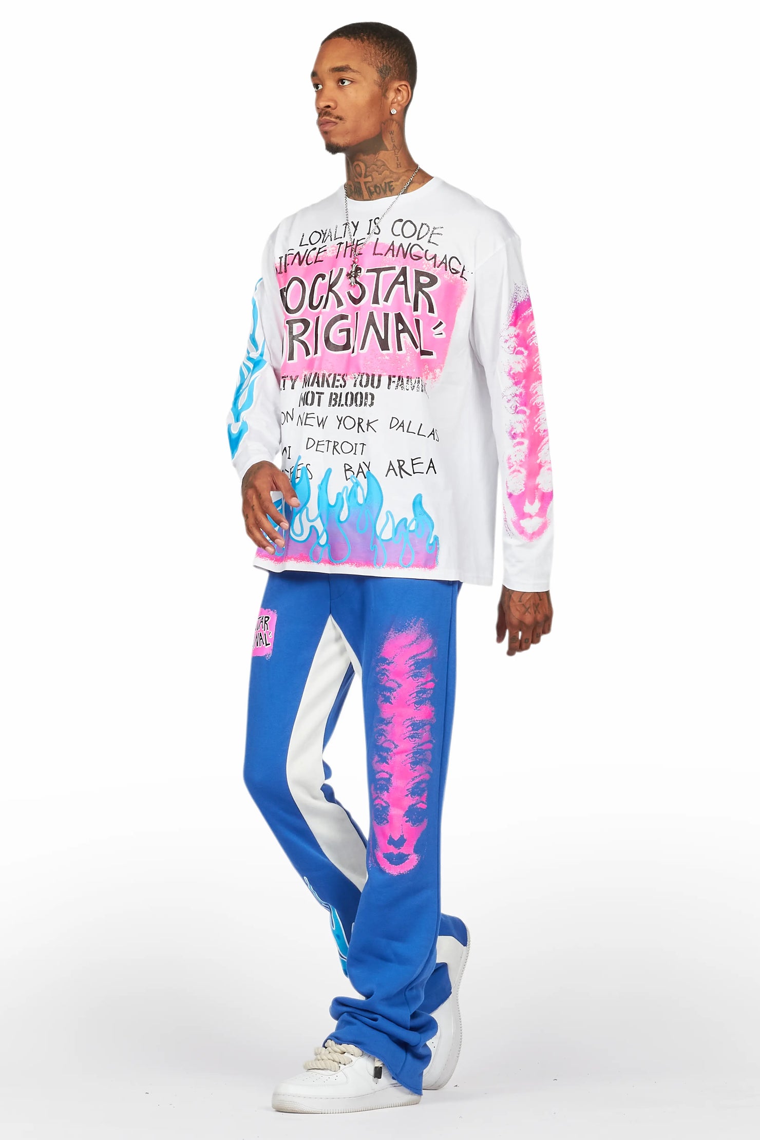 Beno White/Royal Long Sleeve T-Shirt/Baggy Pant Set