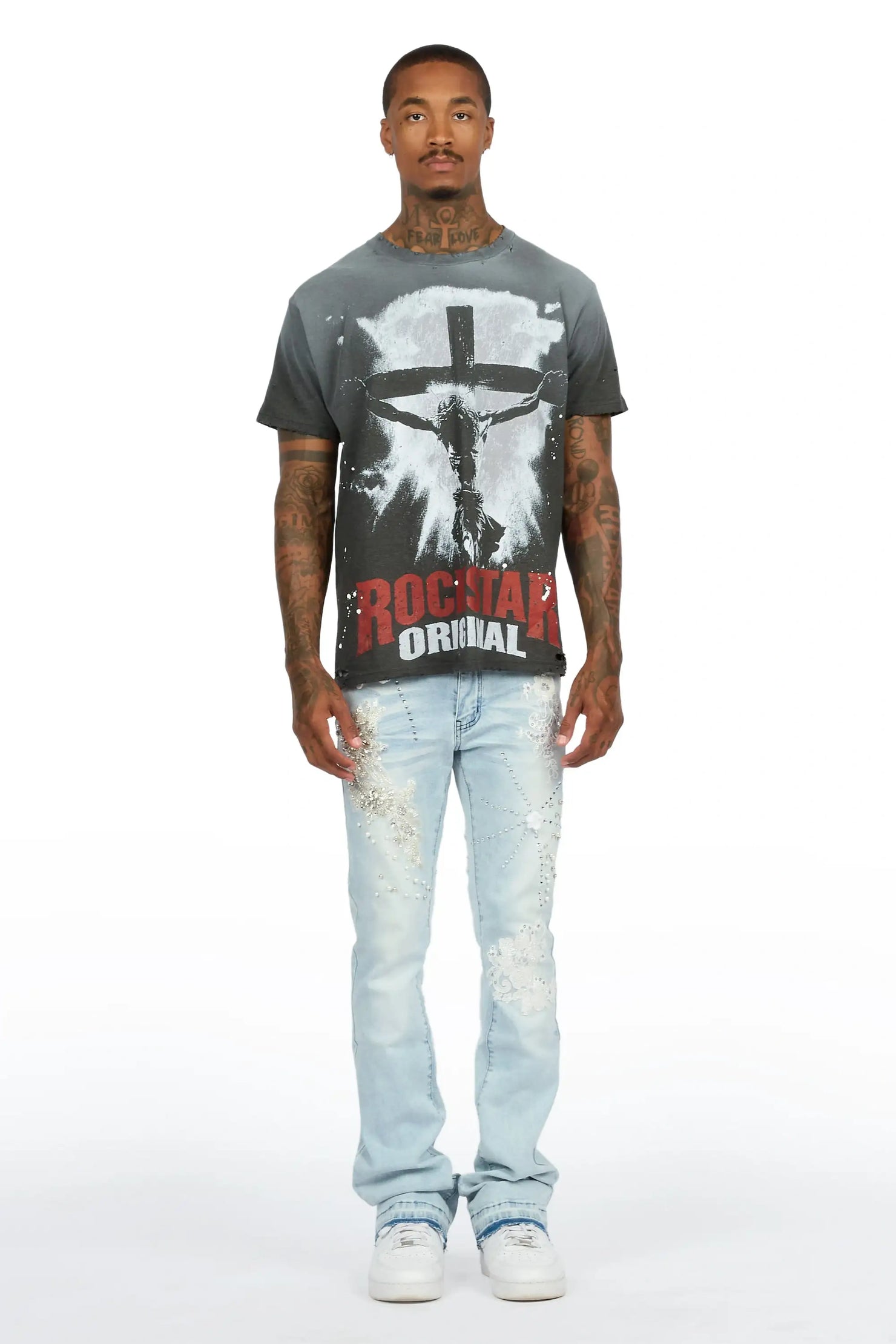Yezen Light Blue Rhinestone Stacked Fit Jean