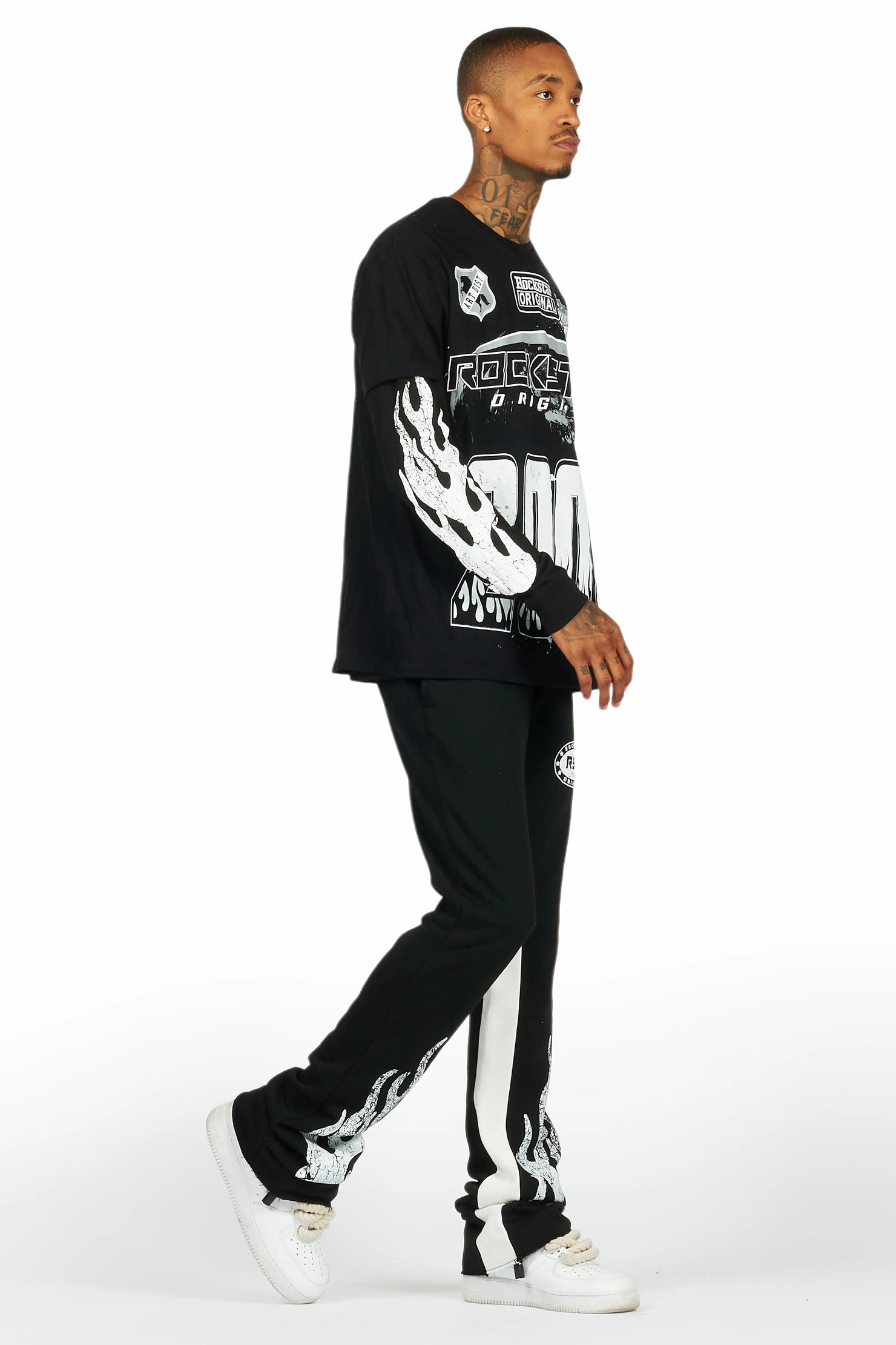 Amos Black Double Layer T-Shirt/Stacked Baggy Pant Set