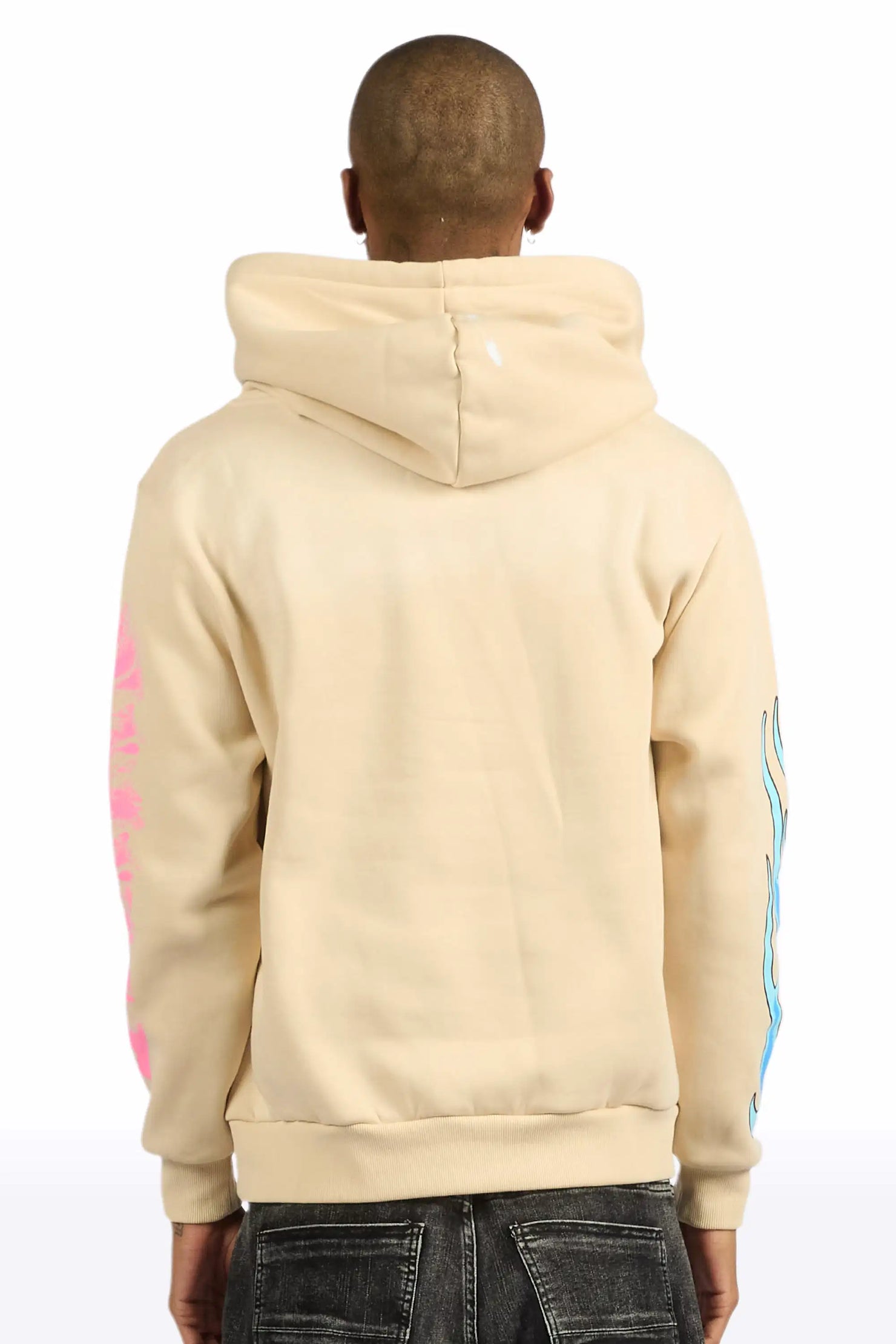 Beno Beige Distressed Graphic Relaxed Hoodie