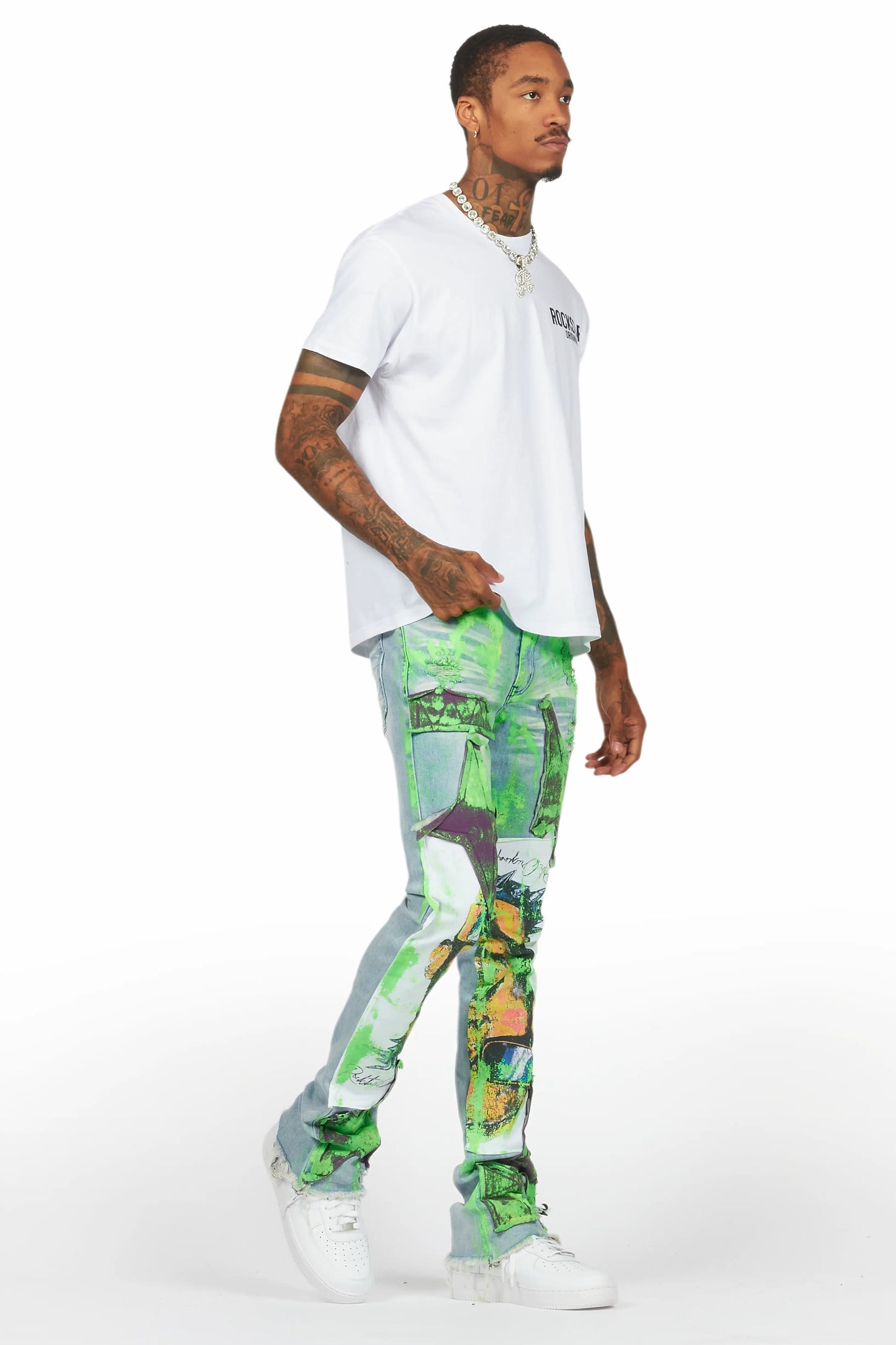Savier Blue/Green Roller Paint Stacked Flare Jean