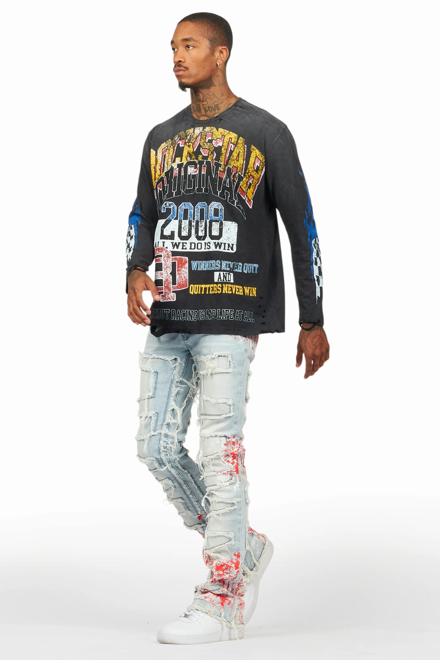 Kodak Blue/Red Painter Stacked Flare Fringe Jean