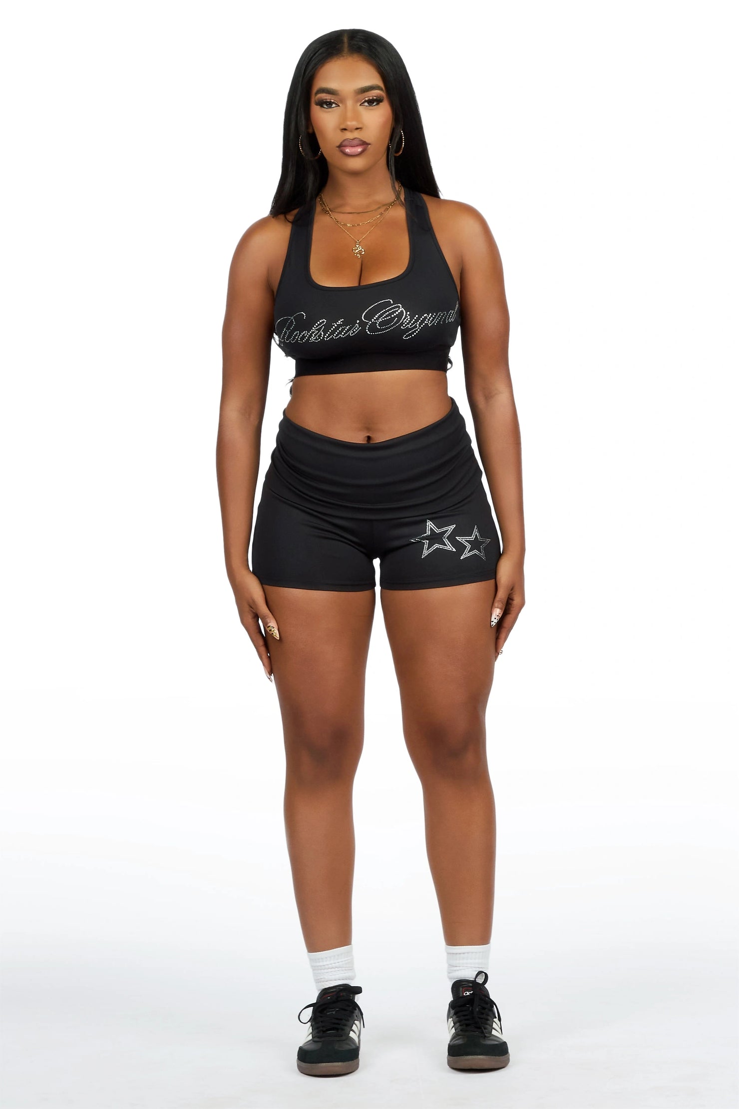 Arieona Black Rhinestone Sports Bra Foldover Short Set