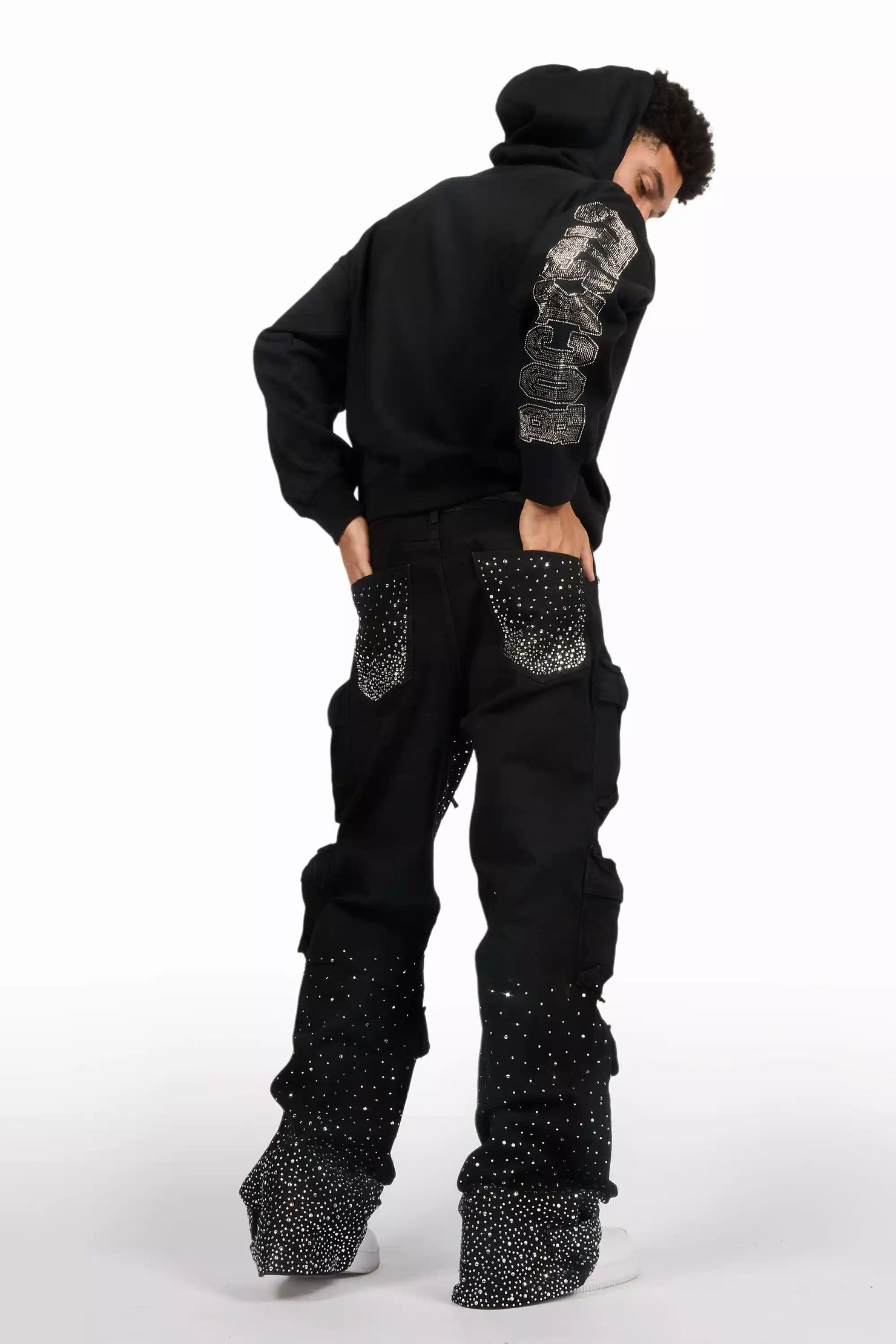 Move In Silence Black Rhinestone Oversized Hoodie