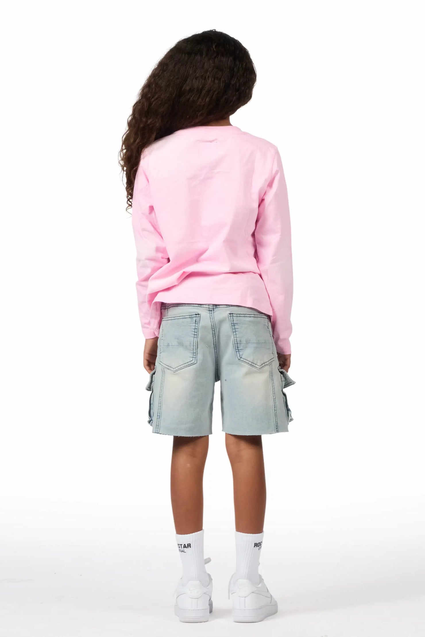 Girls Vary Pink/Black Long Sleeve T-Shirt/Denim Short Set