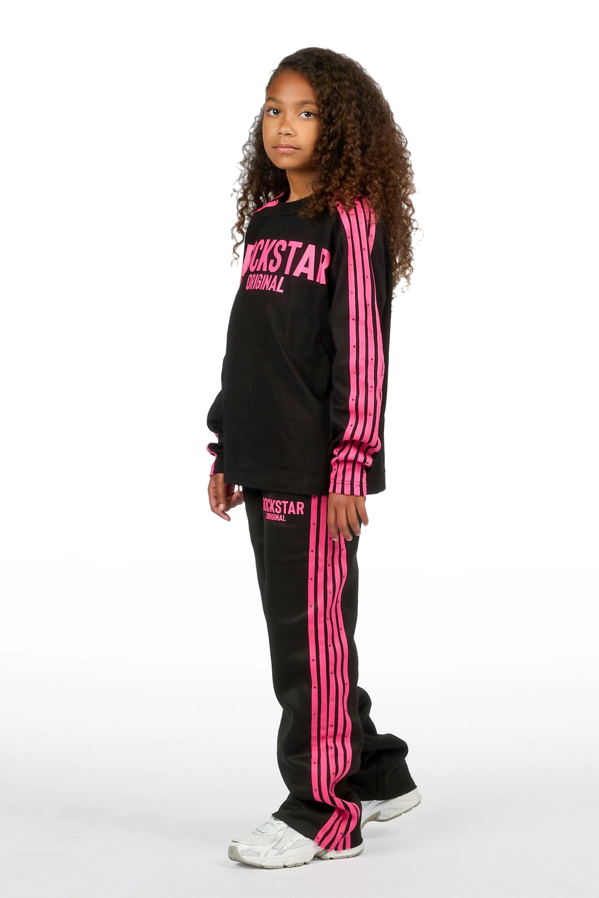 Girls Gulisa Black/Pink Rhinestone Long Sleeve Shirt Relaxed Track Set