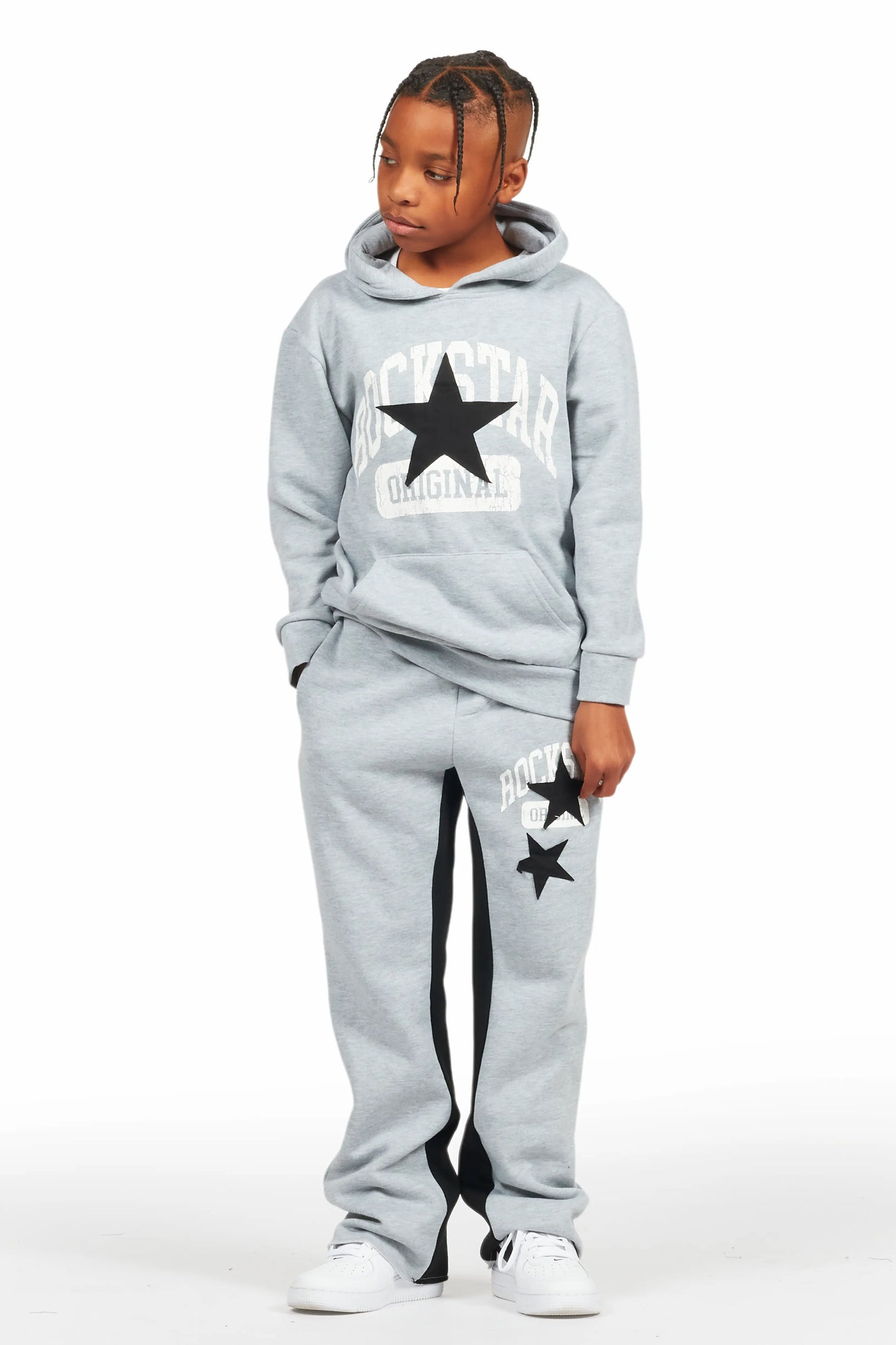 Boys Mallor Heather Grey Baggy Stacked Hoodie Track Set