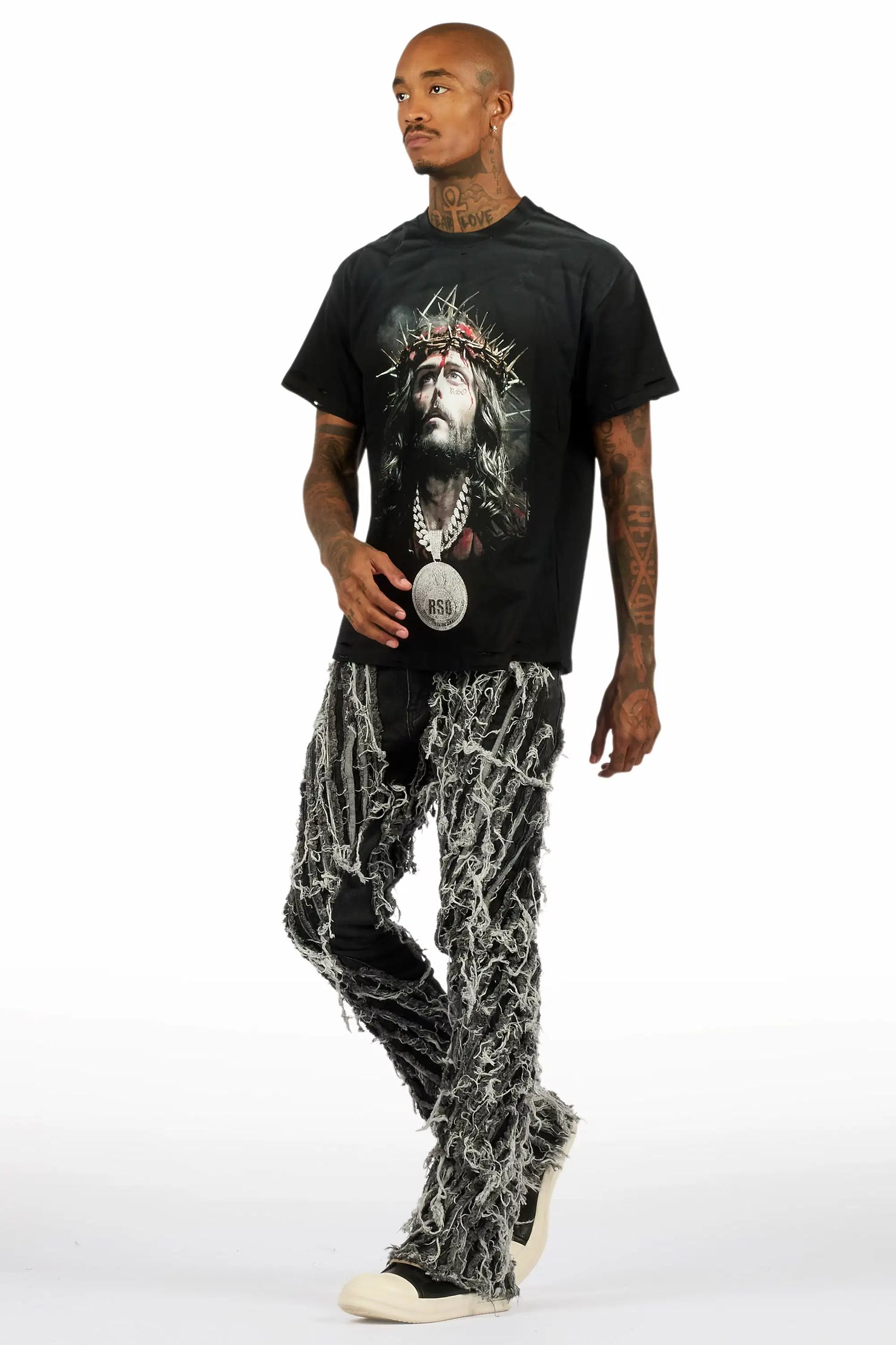 Amina Black Oversized T-Shirt/Stacked Flare Jean Bundle