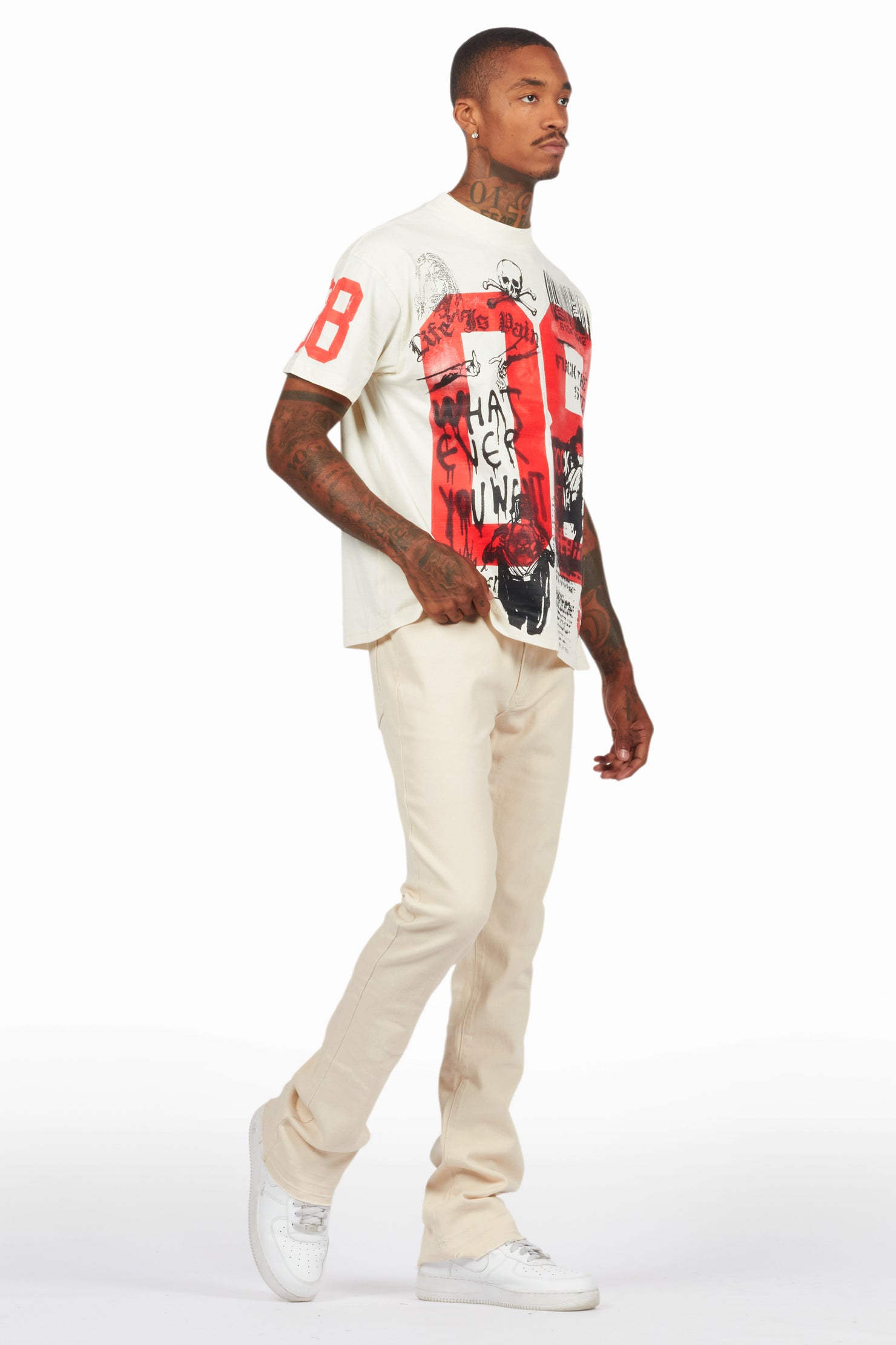 Grill Vintage Sand Oversized Graphic T-Shirt/Dag Stacked Flare Jean Set