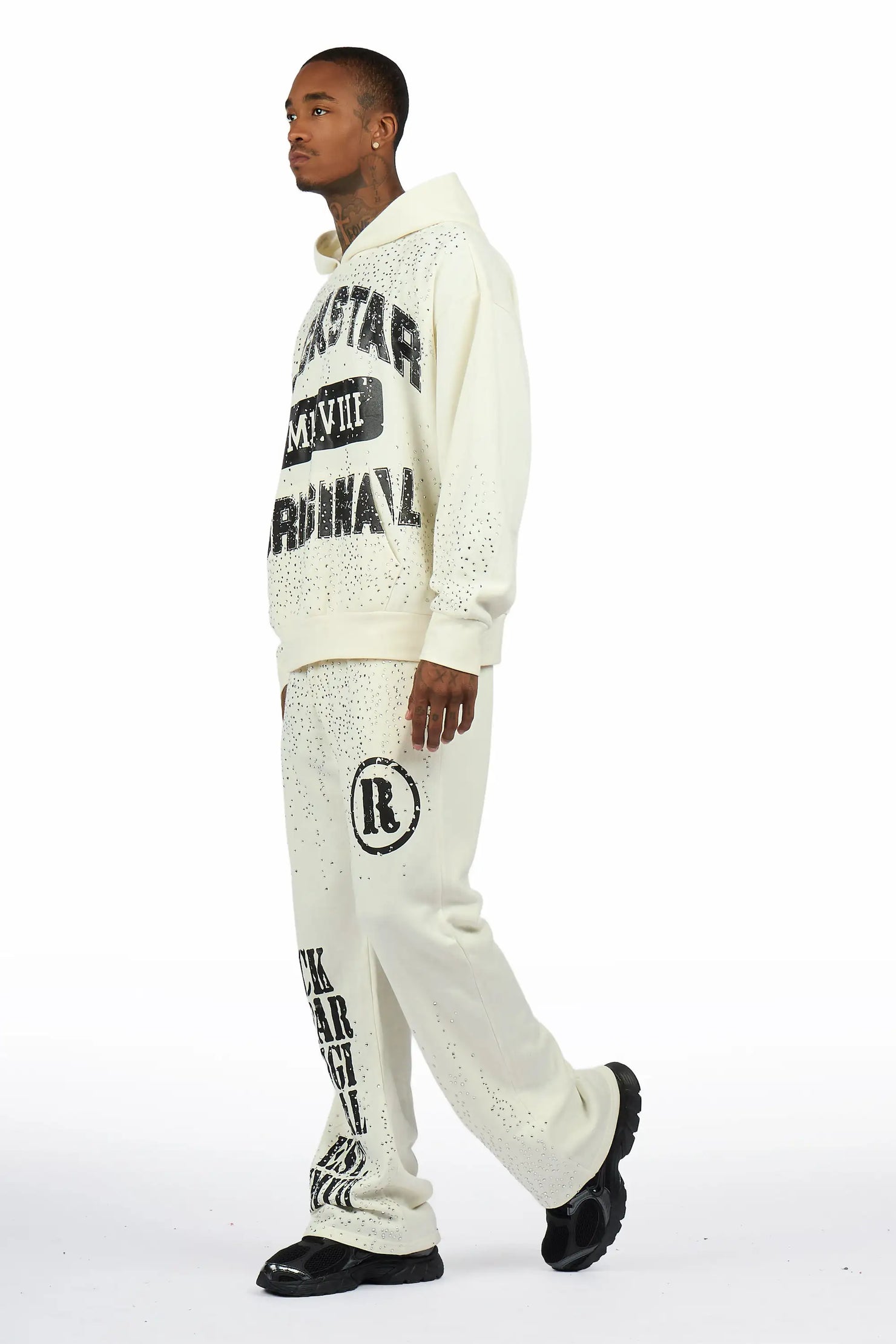 Borya Bone/Black Rhinestone Hoodie Relaxed Track Set