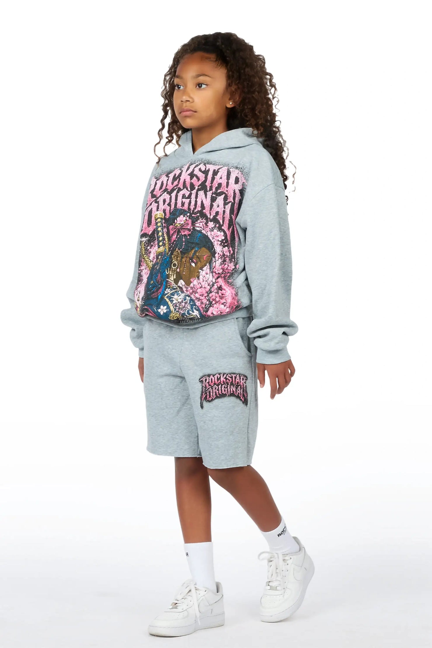 Girls Kavera Heather Grey Graphic Hoodie Short Set