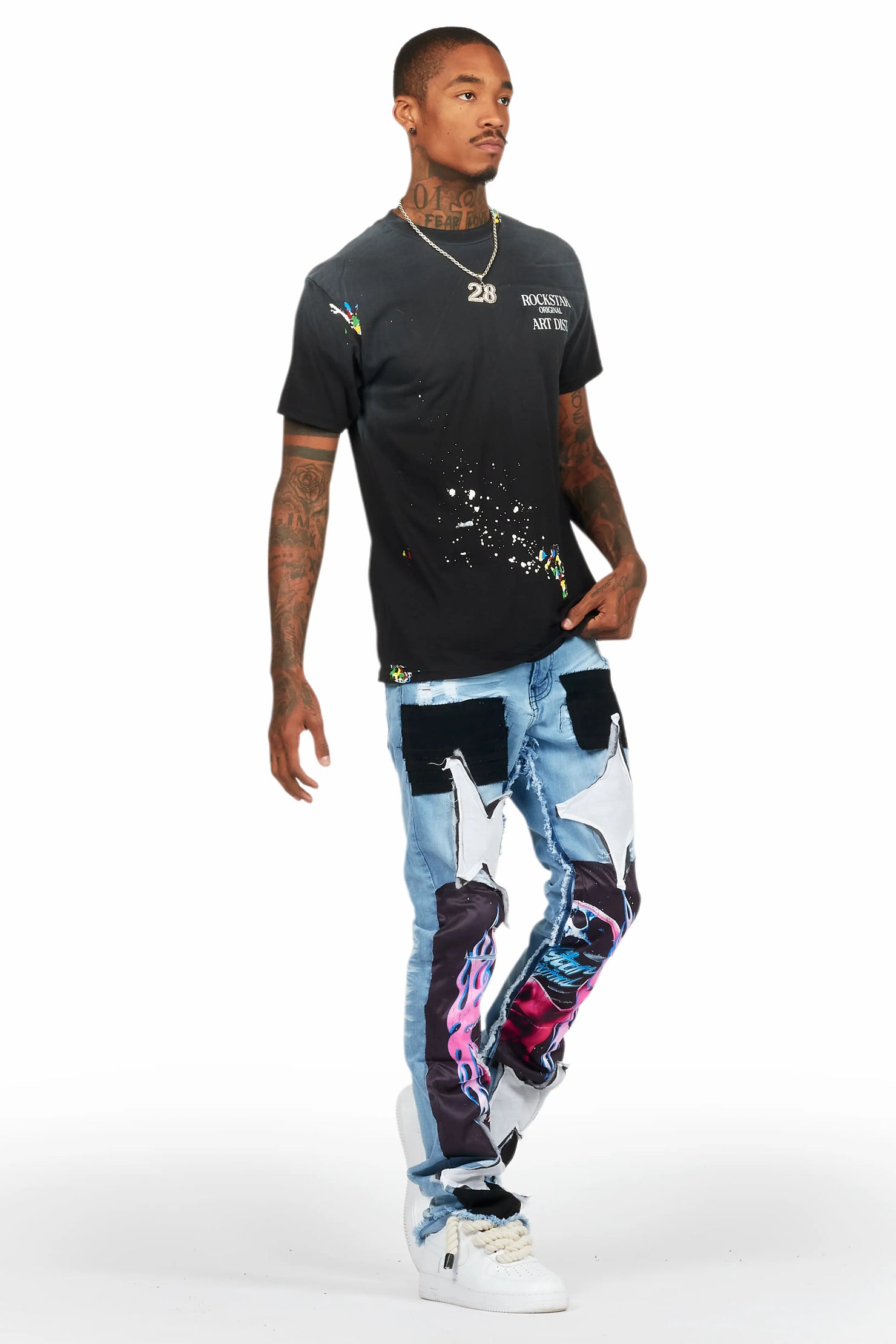 Helios Blue Patchwork Stacked Flare Jean