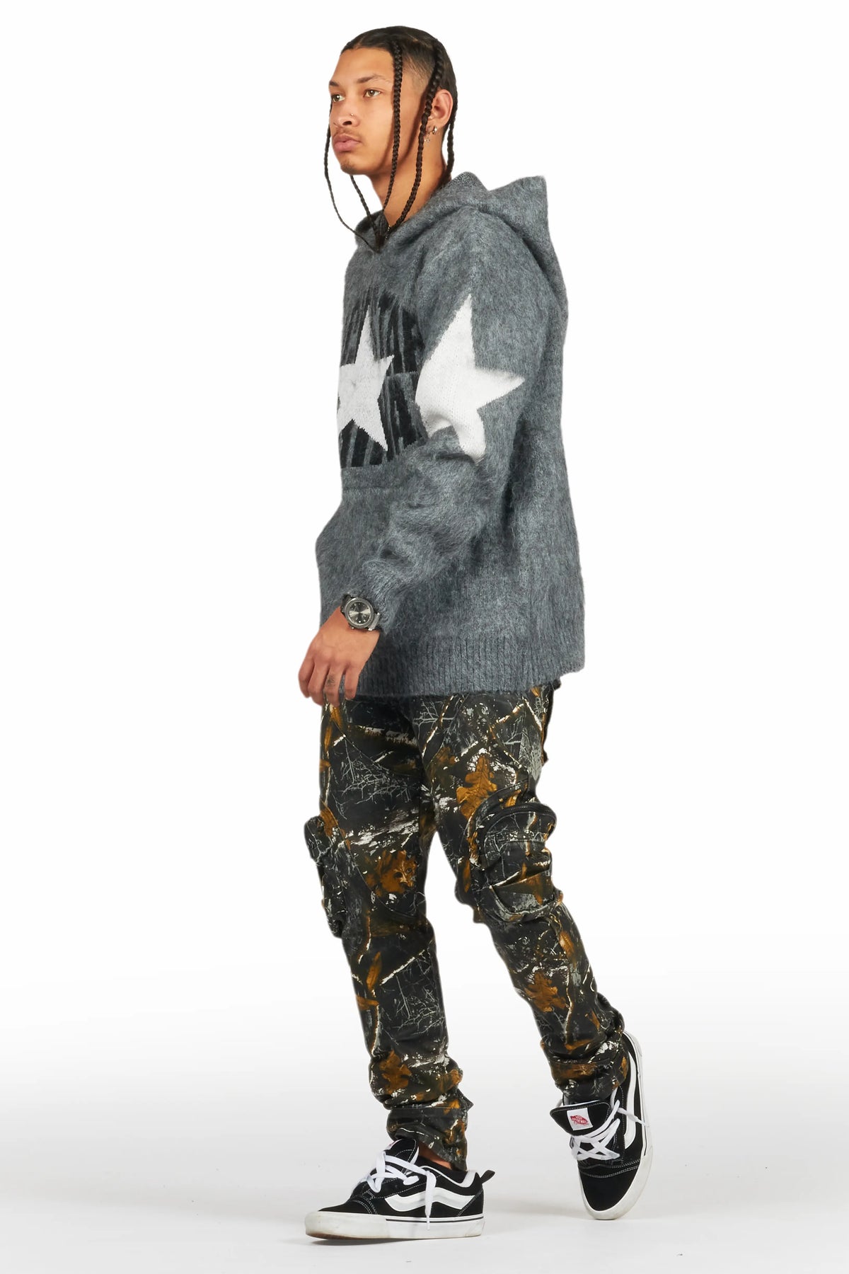 States Grey Graphic Knitted Hoodie