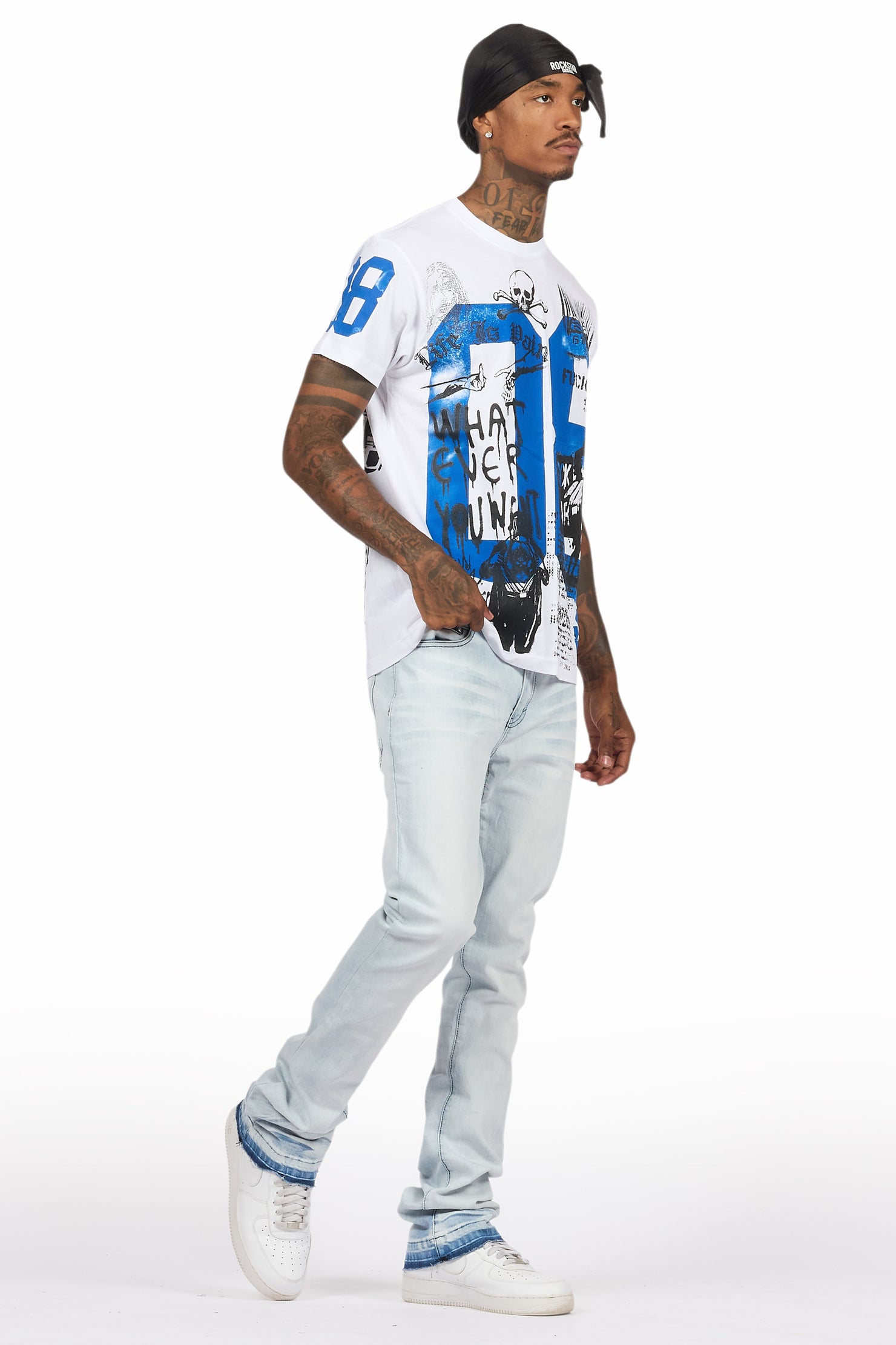 Grill White/Blue Oversized Graphic T-Shirt/Dag Stacked Flare Jean Set