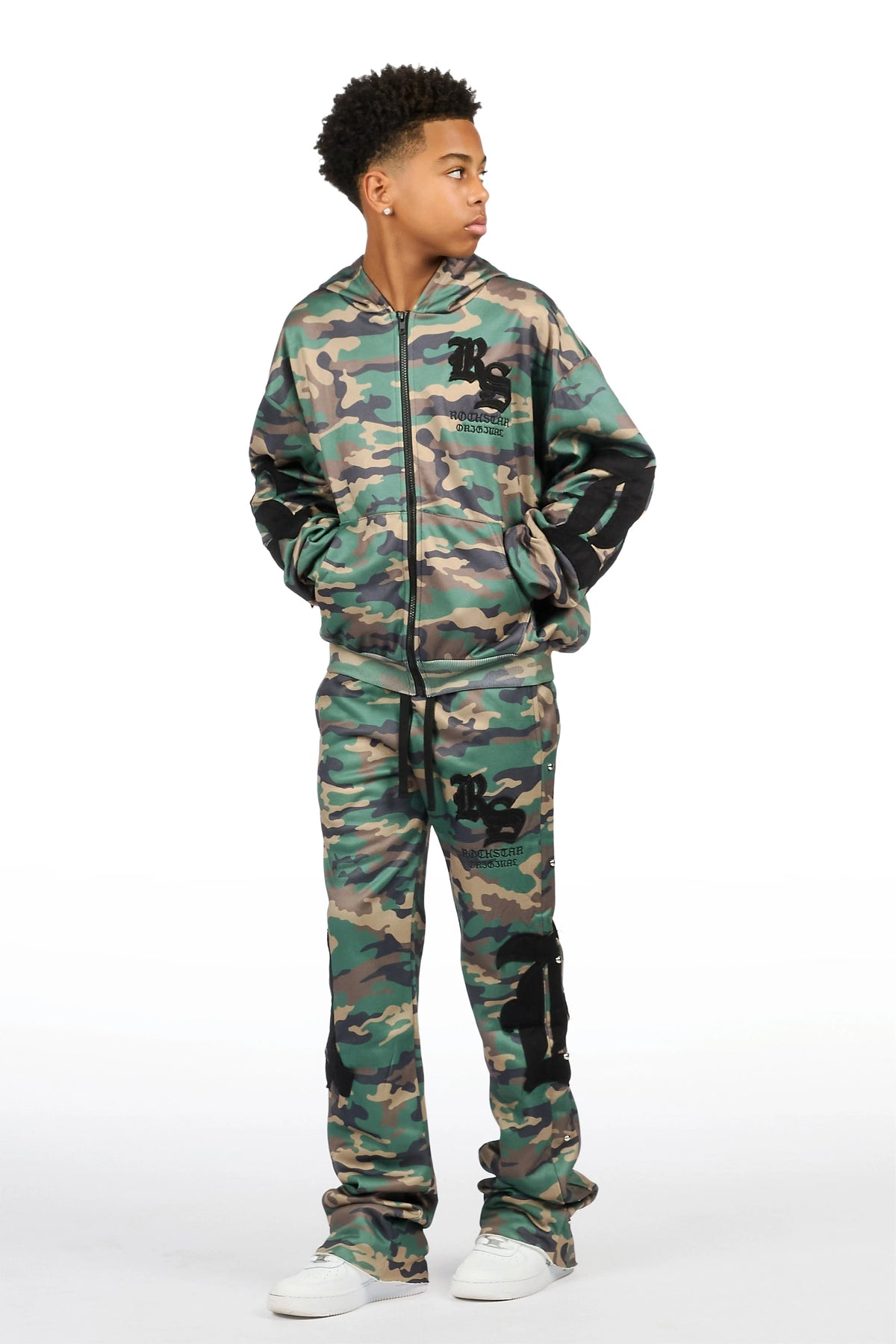 Boys Shire Camo/Black Zip Up Hoodie Stacked Track Set