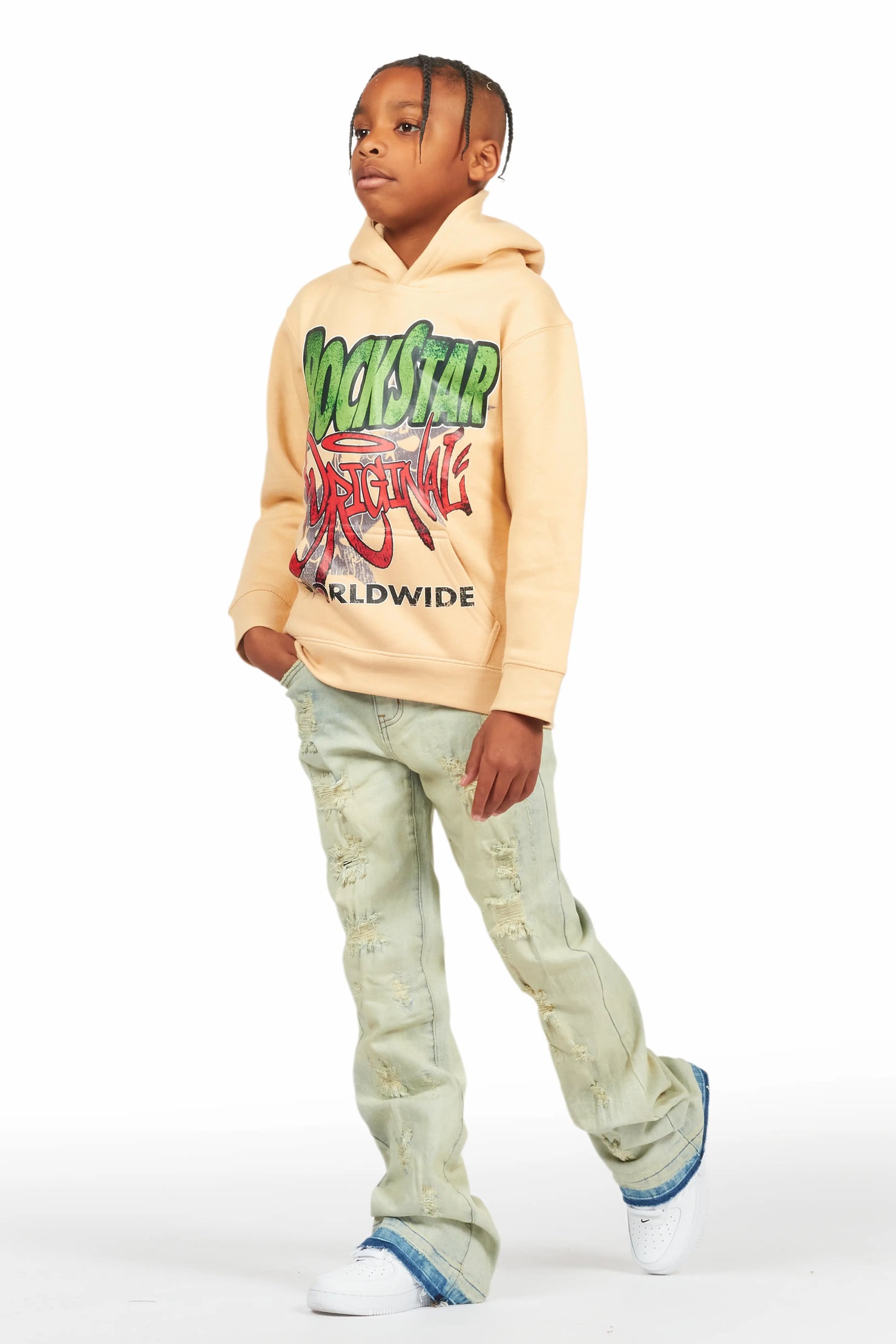 Boys Kait Beige Hoodie/Stacked Flare Jean Set