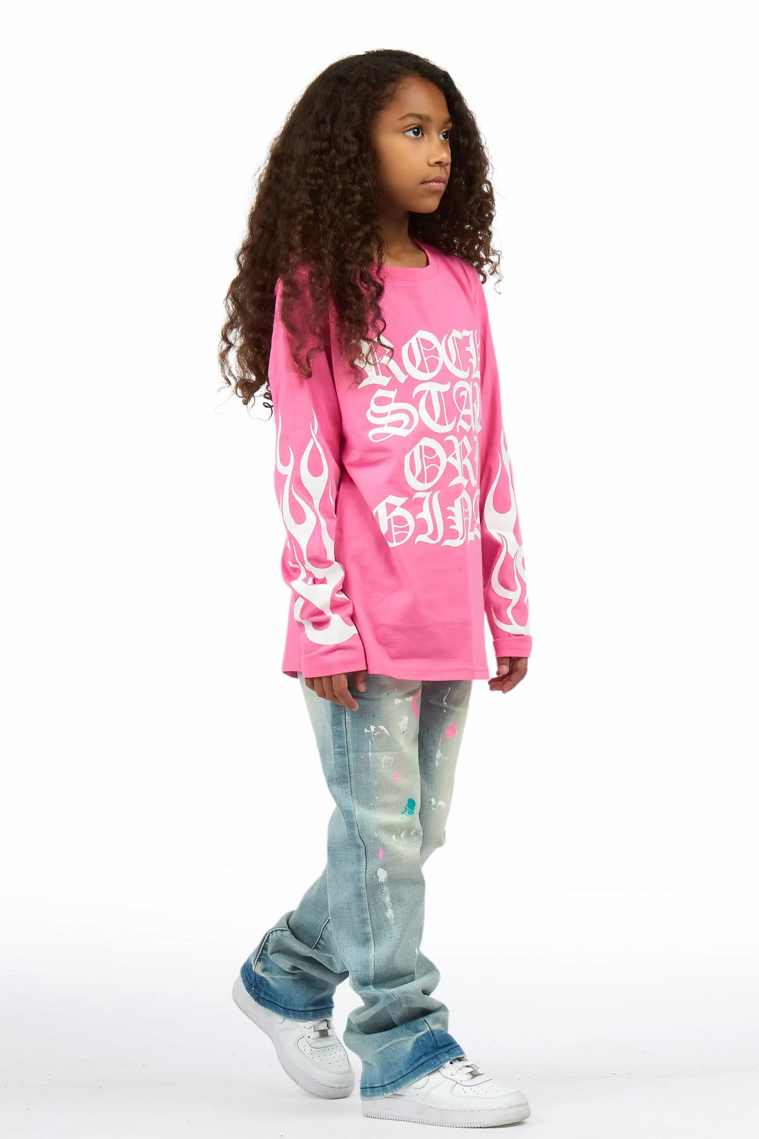 Girls Ariella Pink/Blue Long Sleeve T-Shirt Stacked Jean Set