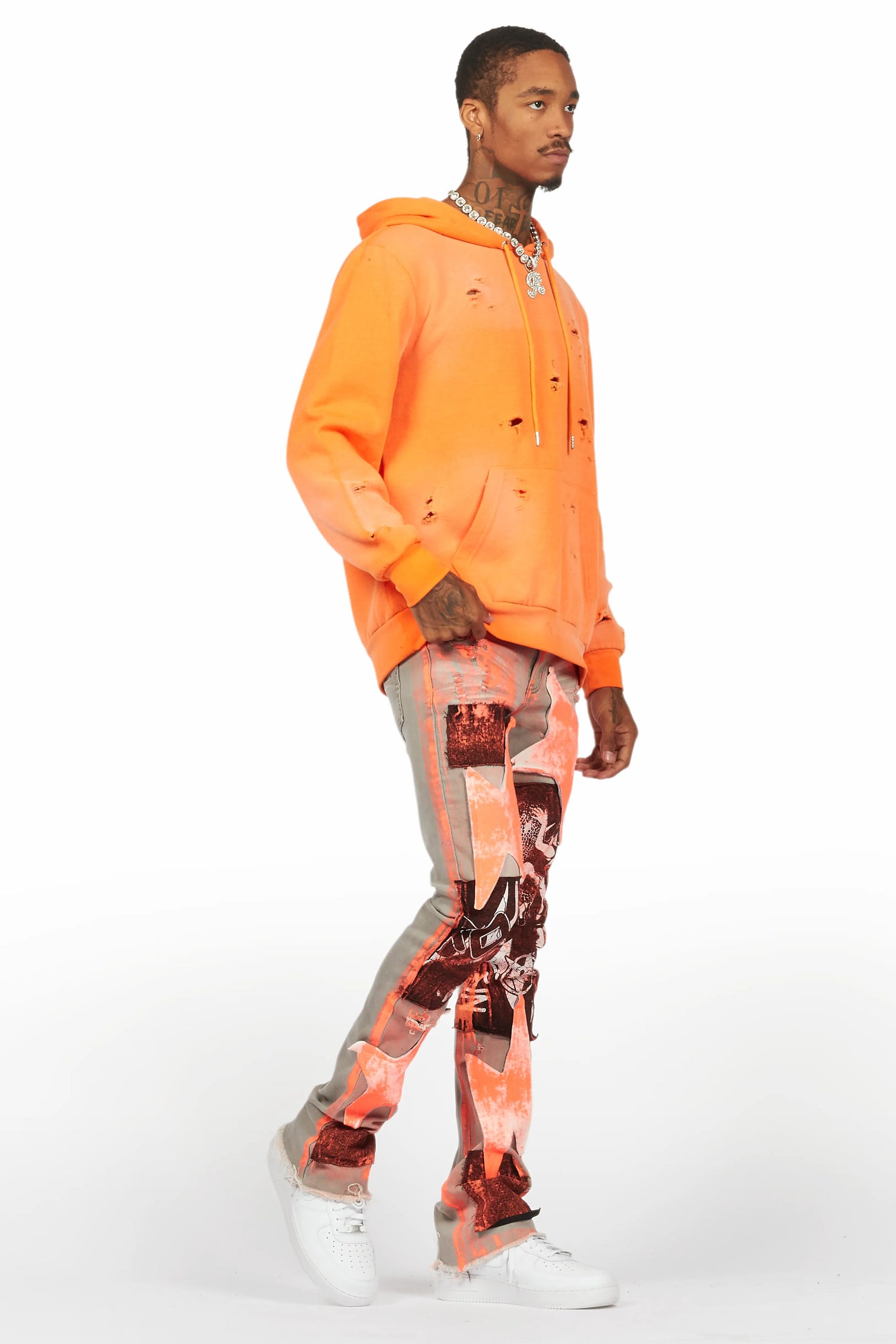 Valko Grey/Orange Roller Paint Stacked Flare Jean