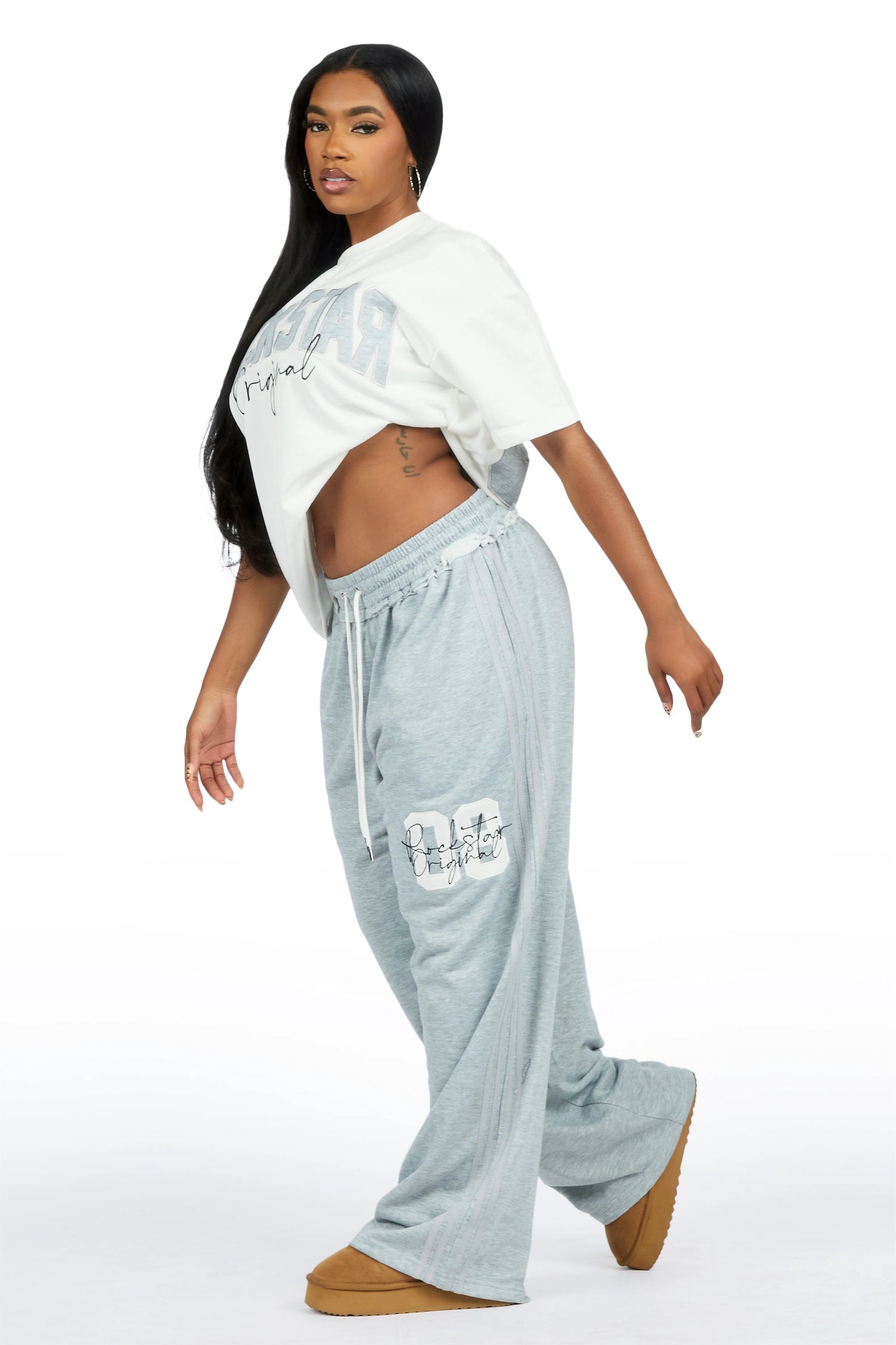 Cheyane White/Grey French Terry Chenille Tee/ French Terry Relaxed Track Set