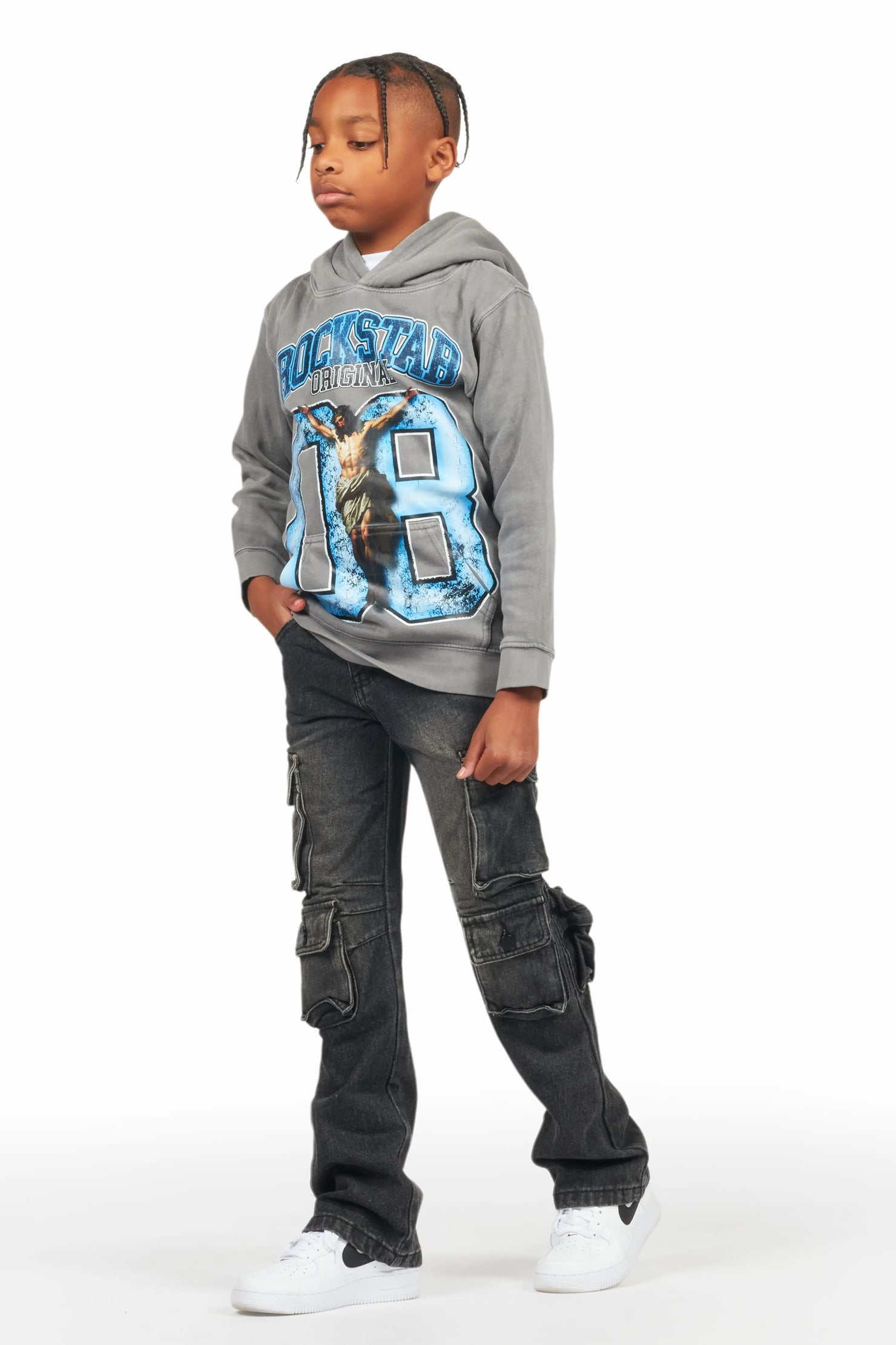 Boys Fields Vintage Grey/Black Hoodie/Stacked Flare Jean Set