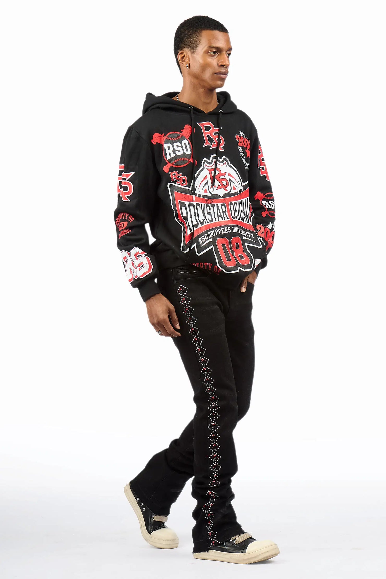 Ozi Rhinestone Dark Grey Stacked Flare Jean