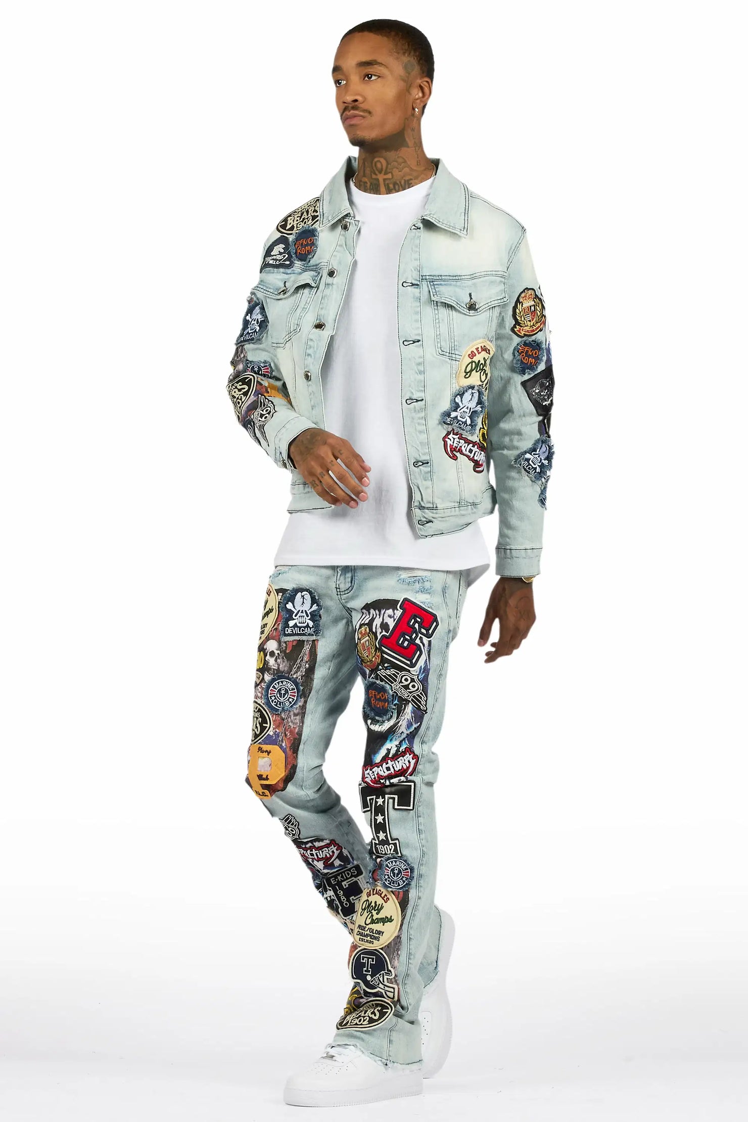 Espan Light Blue Denim Jacket/Stacked Flare Jean Set