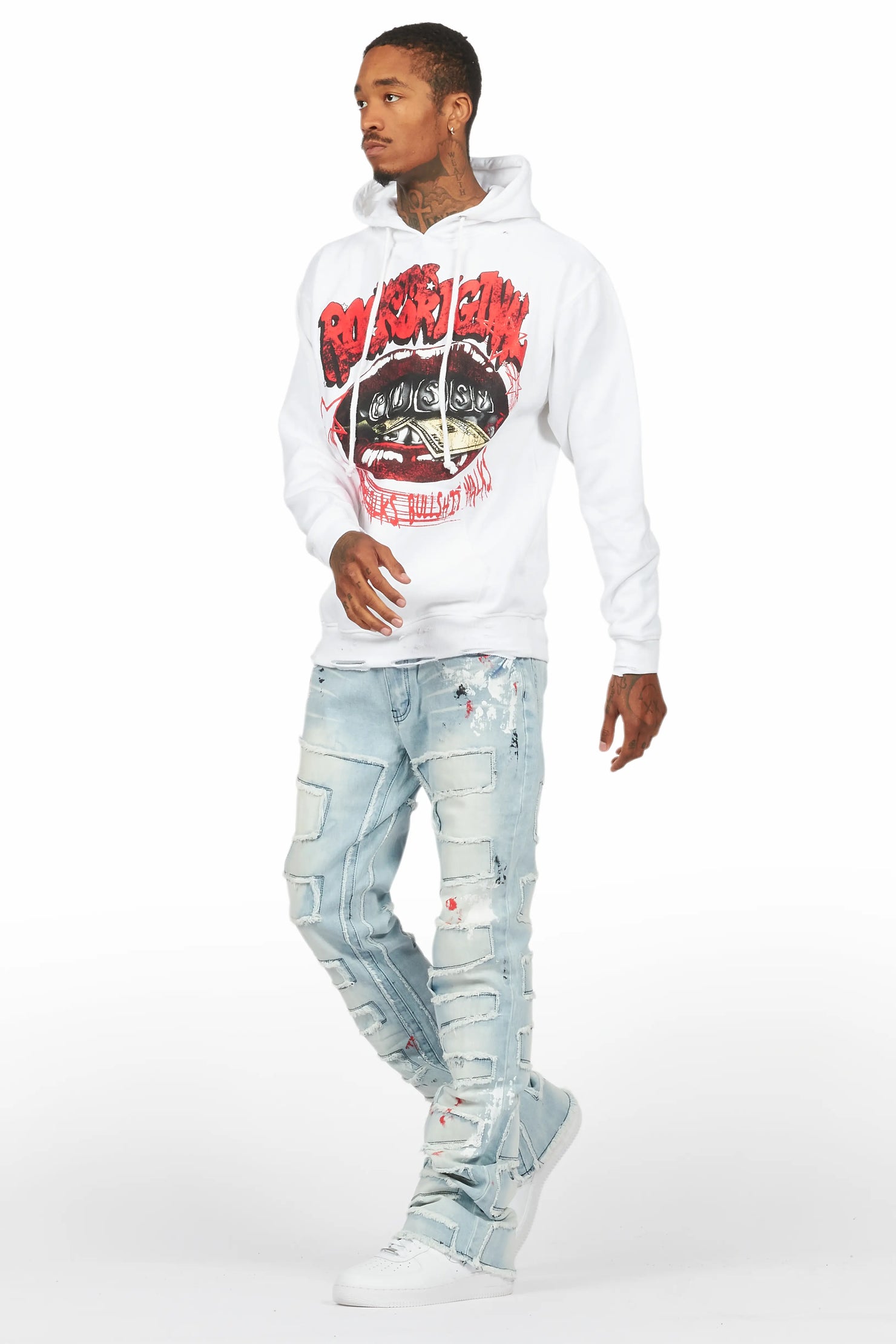 Bloke White/Blue Hoodie/Stacked Flare Jean Bundle