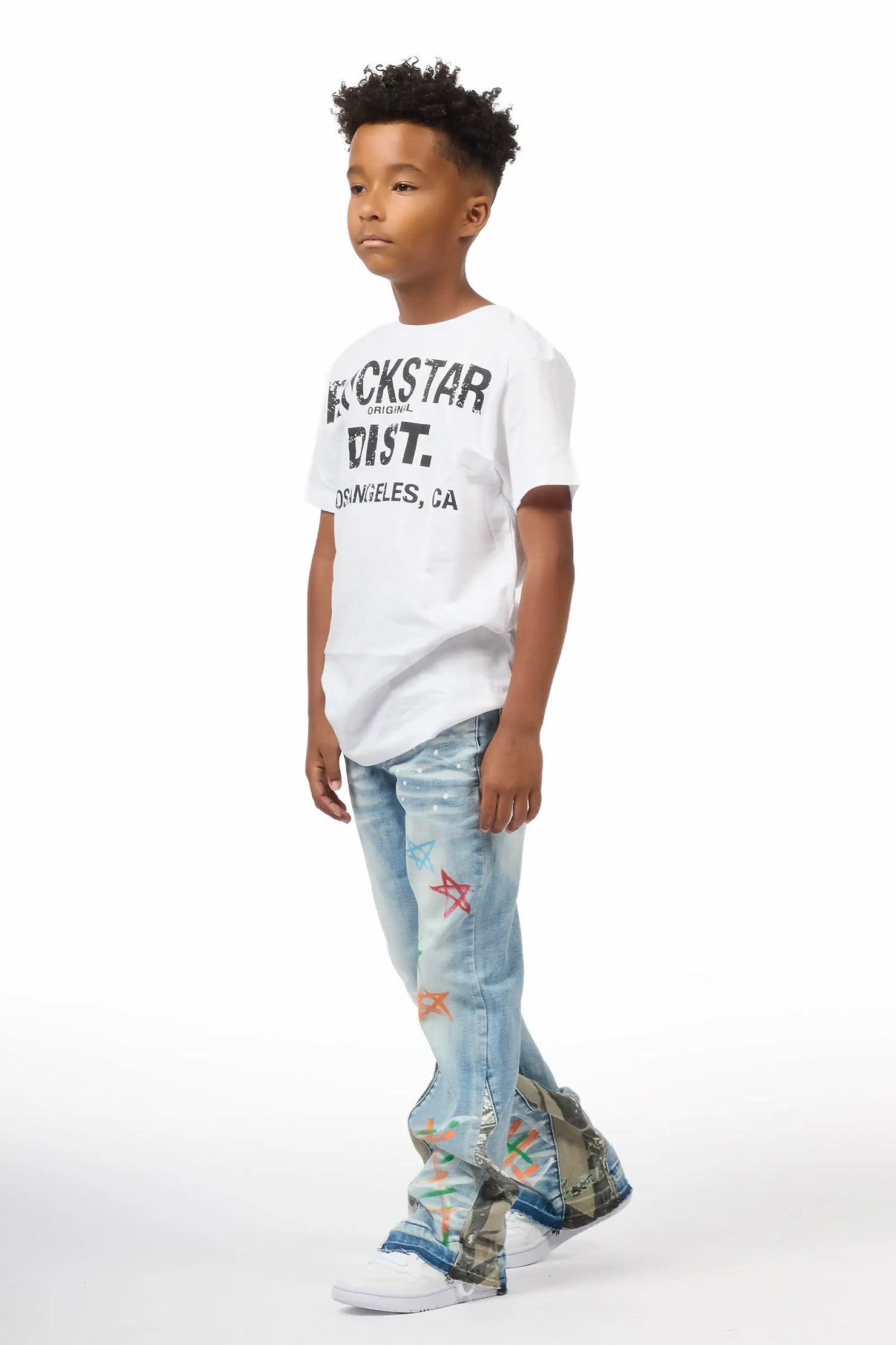 Boys Strass Blue Painted Stacked Flare Jean