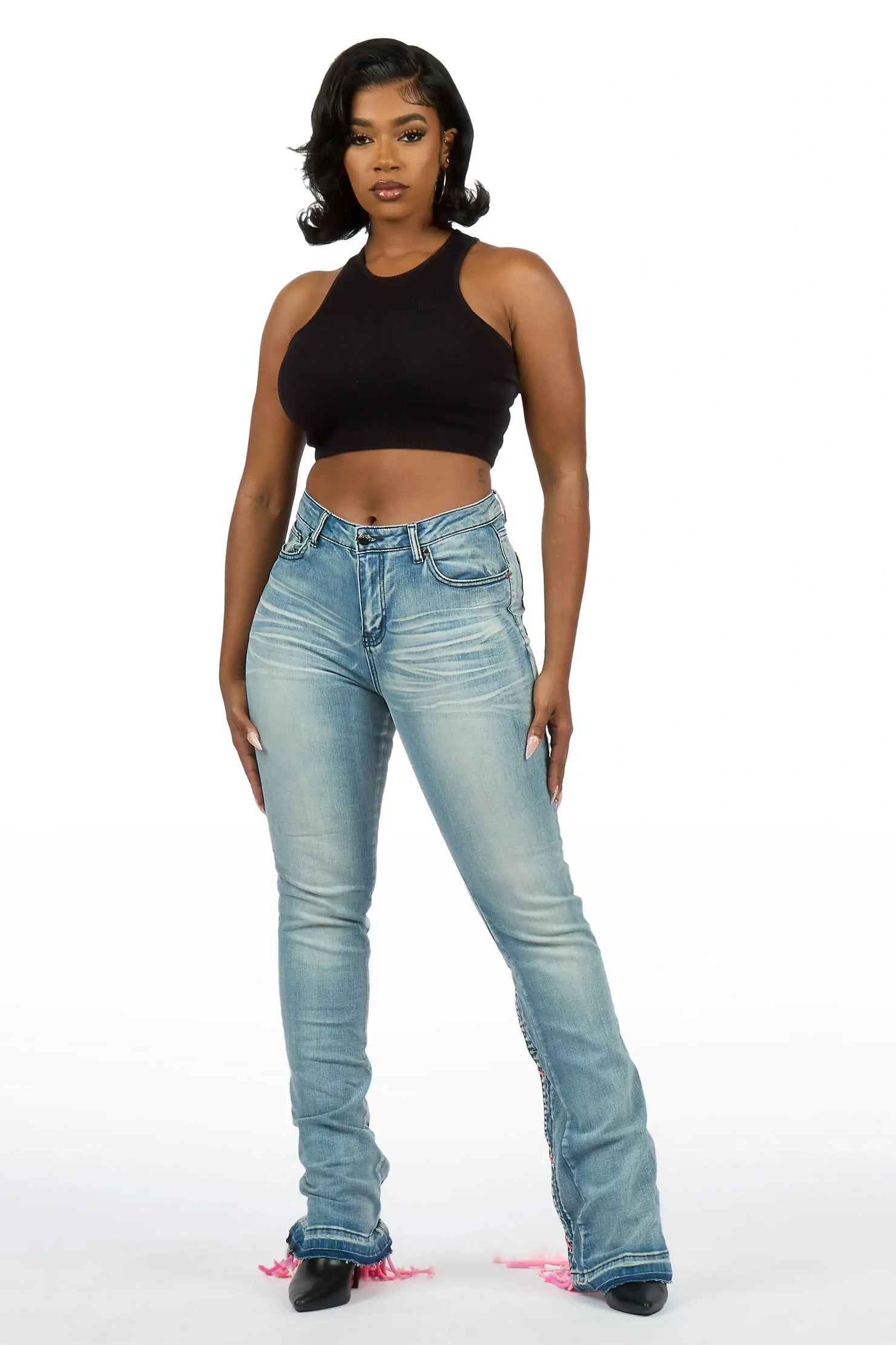 Ottiana Light Blue/Pink Stacked Flare Jean