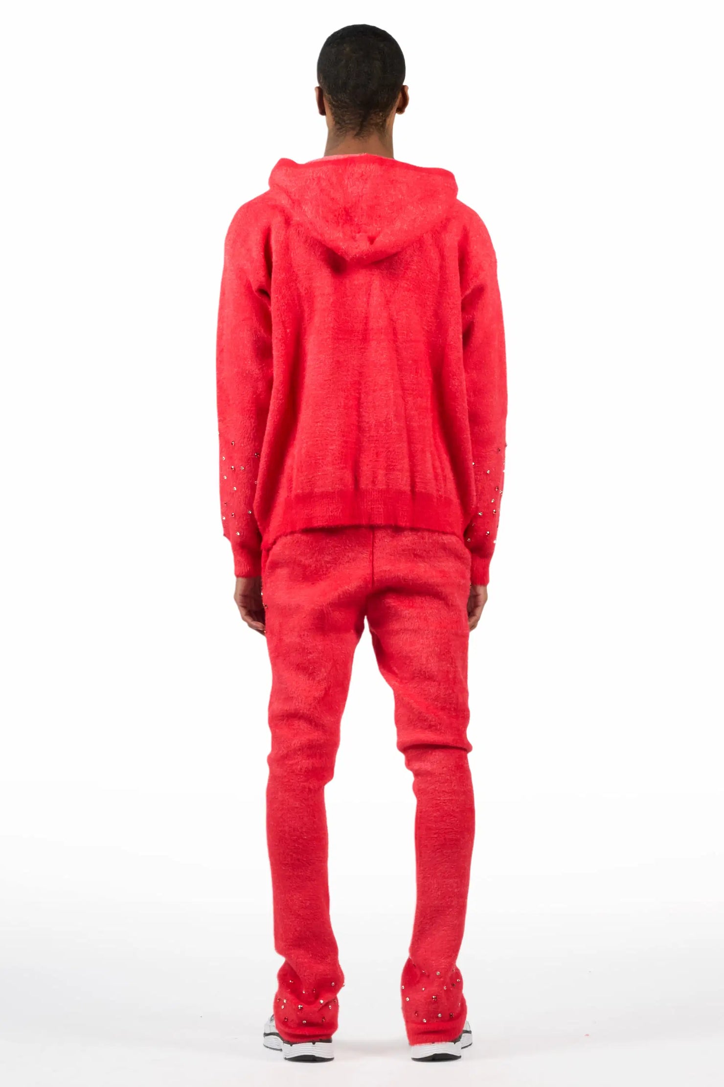 Lapiz Red Rhinestone Mohair Knit Stacked Flare Track Set