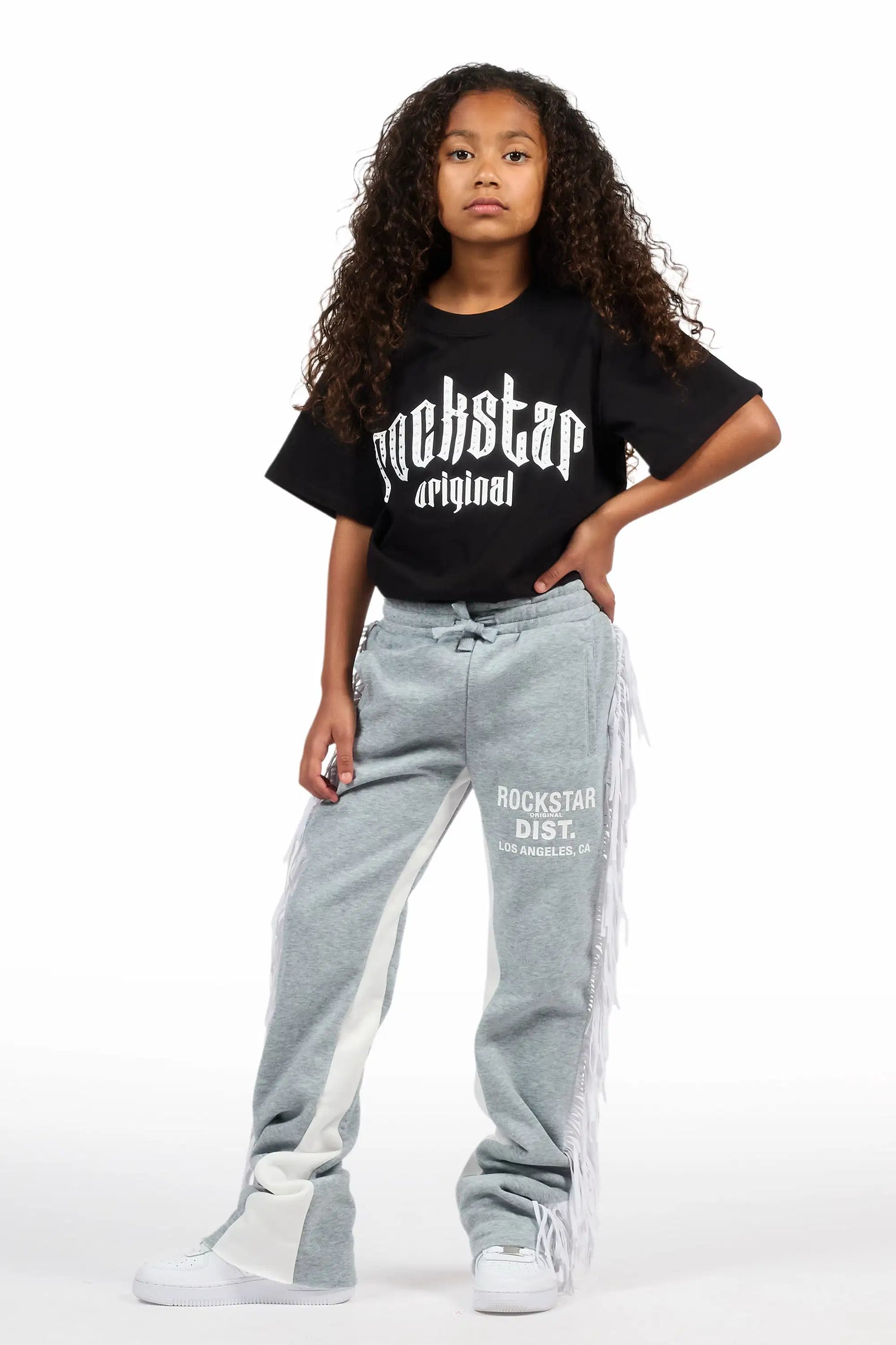 Girls Kendra Grey Fringe Stacked Flare Pant