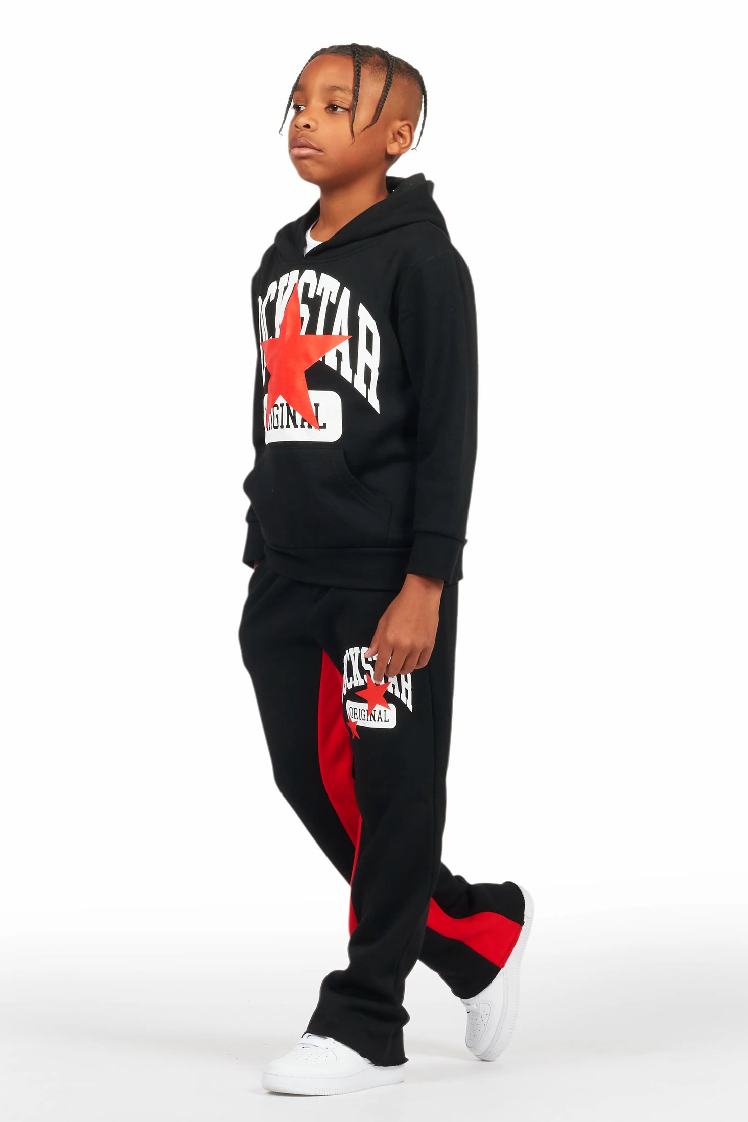 Boys Mallor Black/Red Baggy Stacked Hoodie Track Set