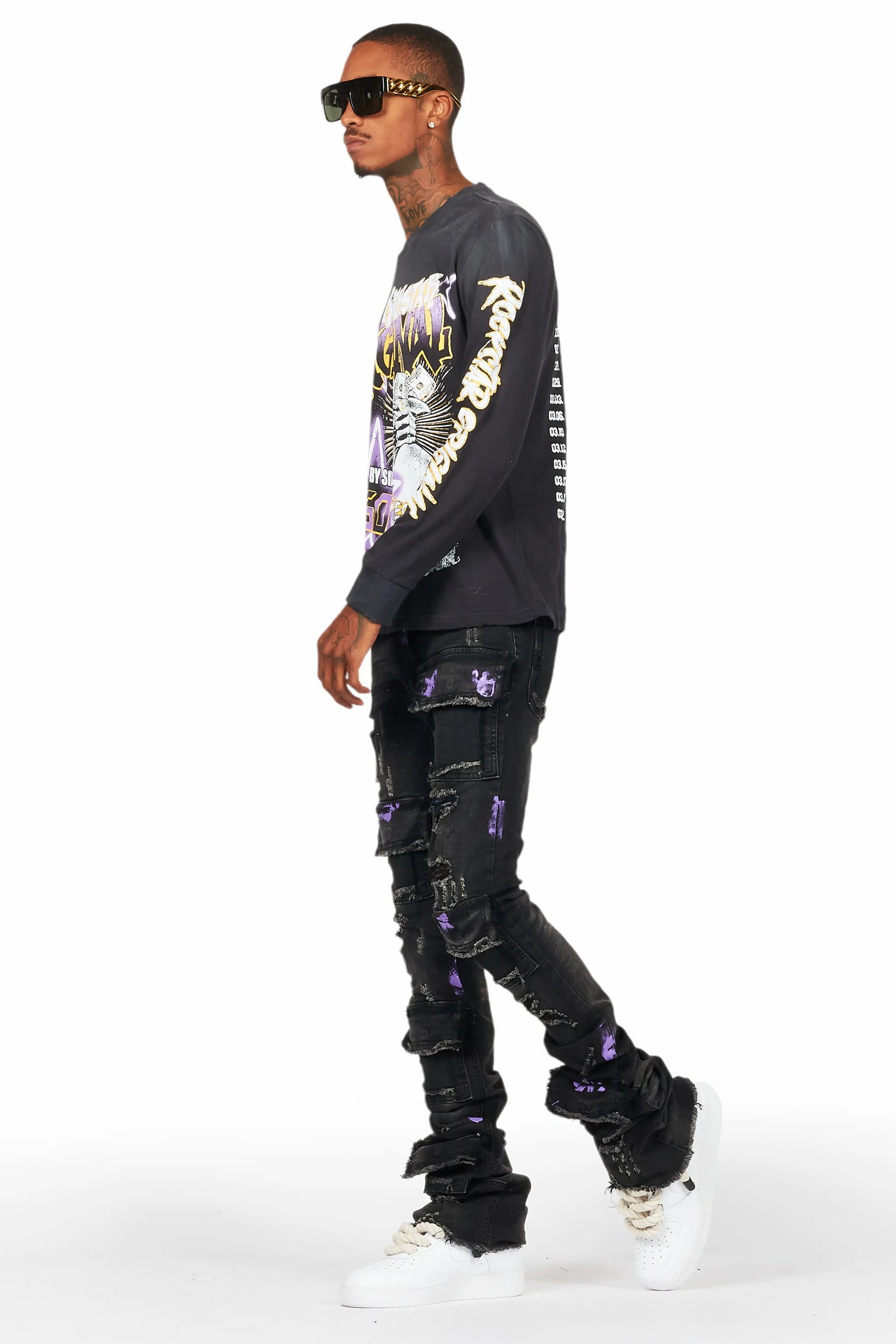 Amelie Black Long Sleeve T-Shirt/Stacked Flare Jean Bundle