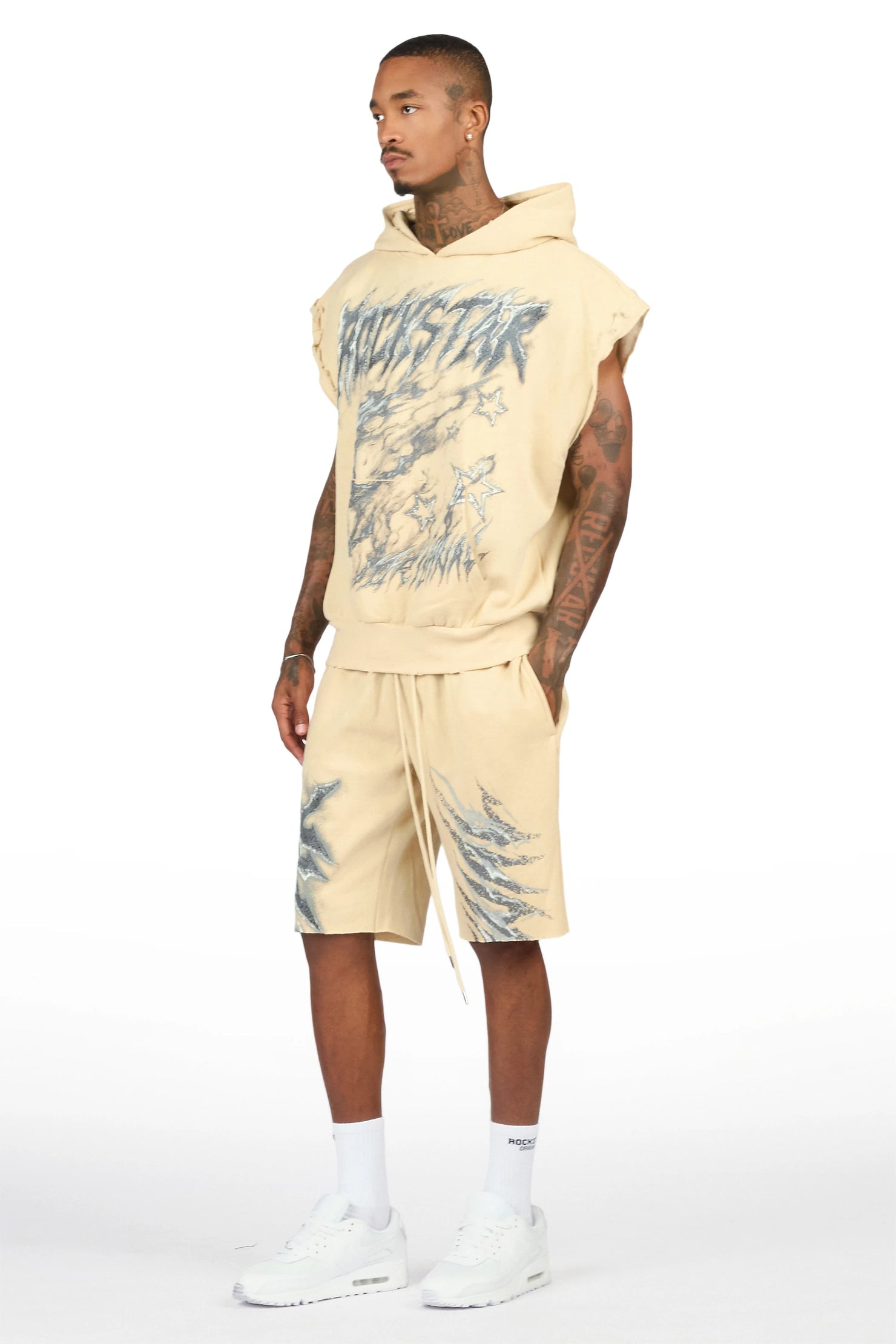 Jantra Beige Cut Sleeve Hoodie Short Set