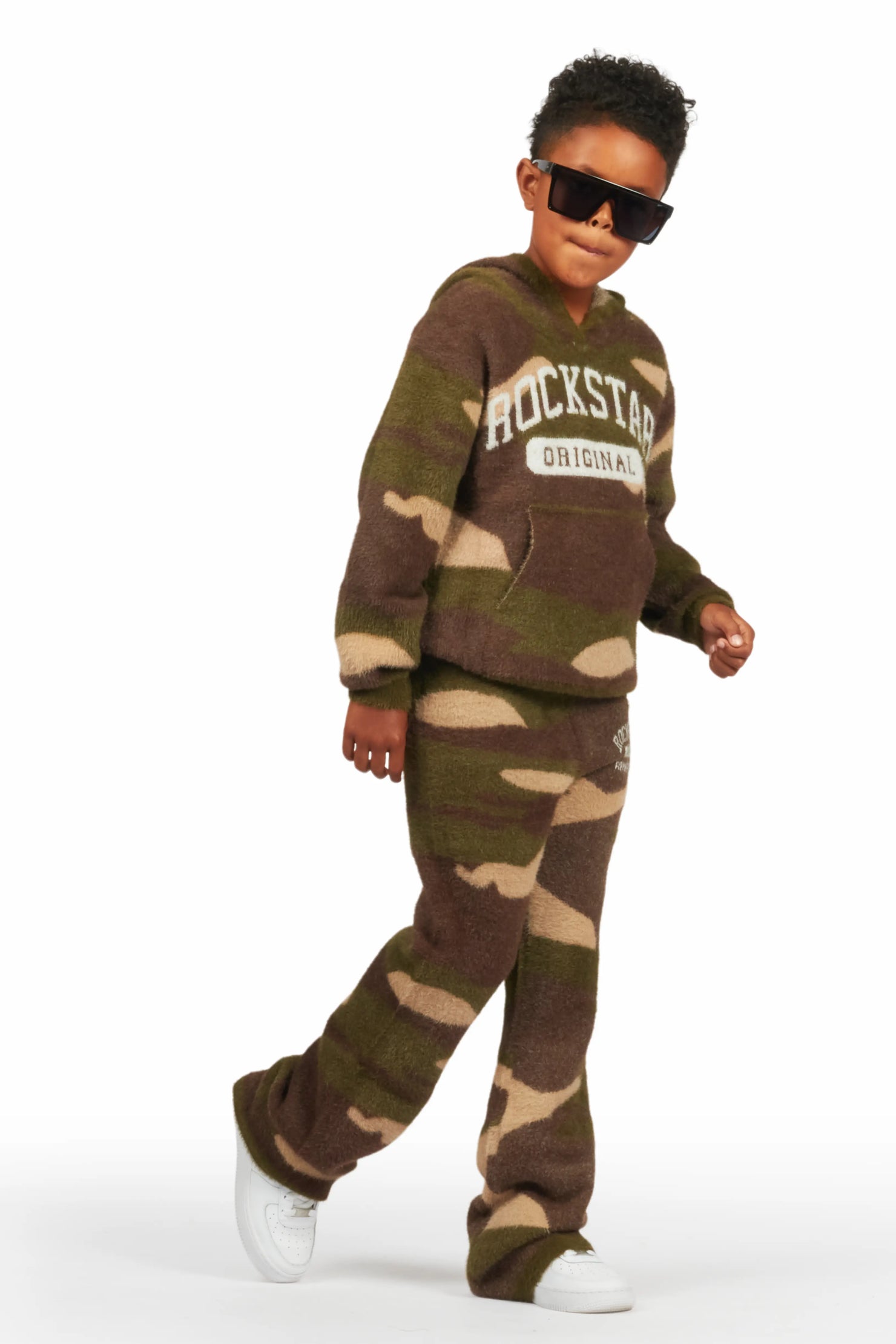 Boys Member Green Camo Stacked Flare Knitted Mohair Track Set