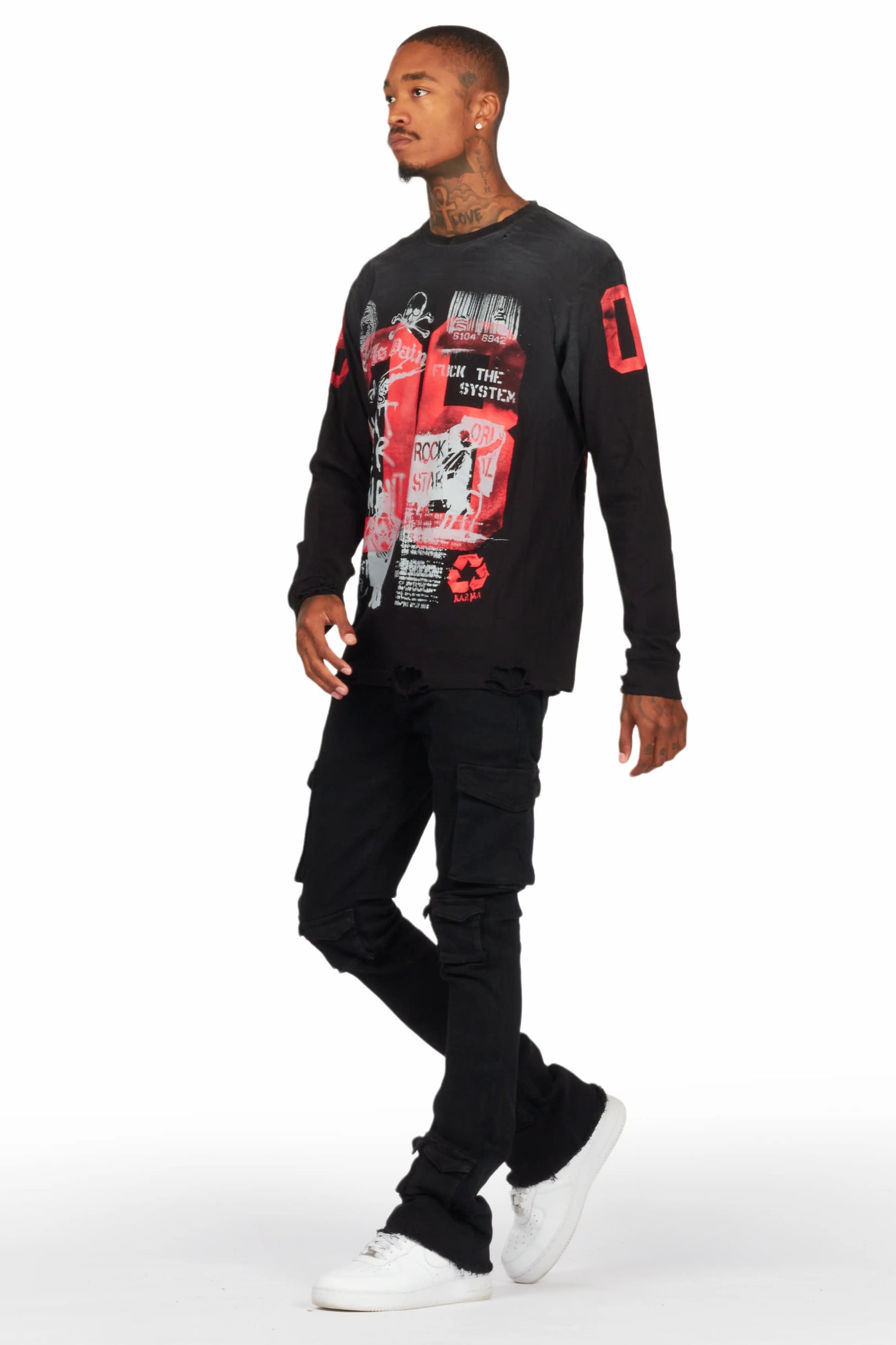 Feodor Black Stacked Flare Cargo Jean