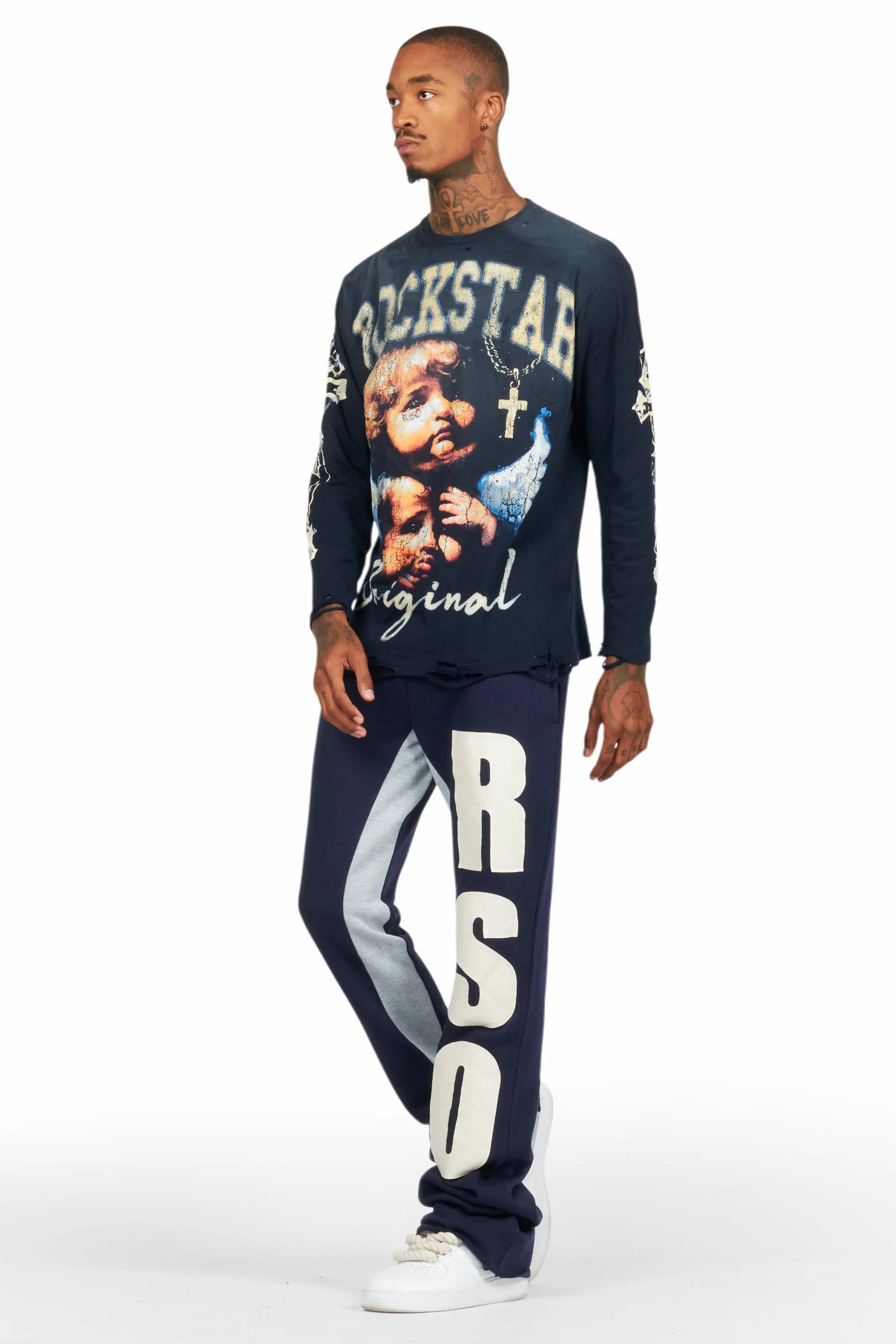 Uko Navy Stacked Baggy Track Pant